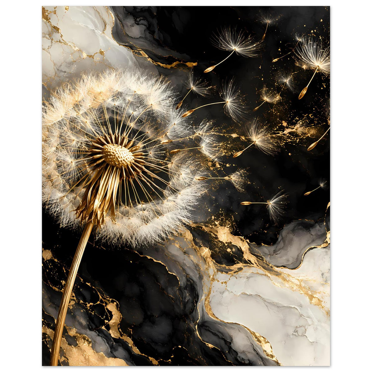 Poster im Hochformat mit Pusteblume: weiße Feder, goldene Samen und schwarzer Hintergrund