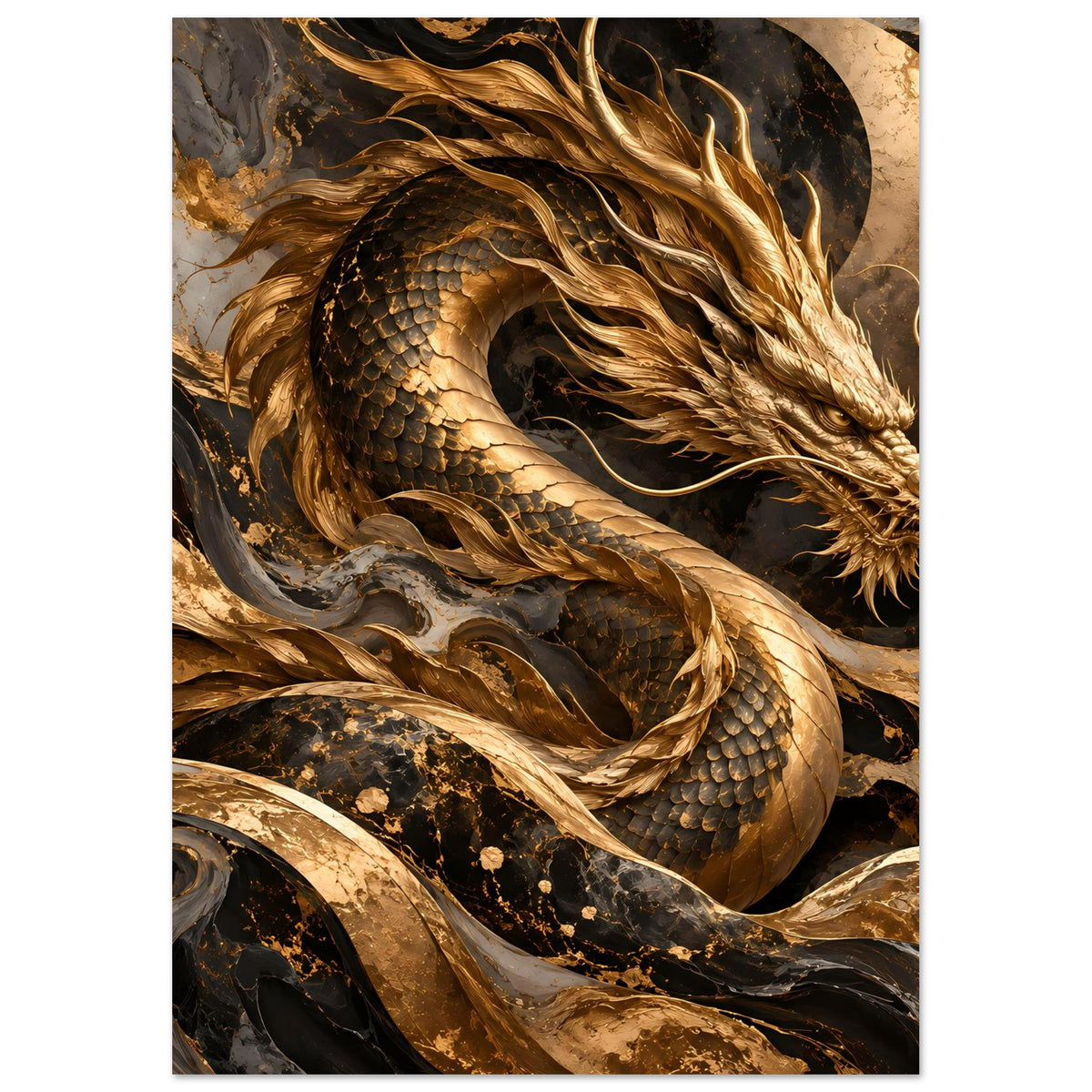 Fantasy-Poster mit goldener Schlange-Drache-Optik, Schuppen und Mähne sichtbar.