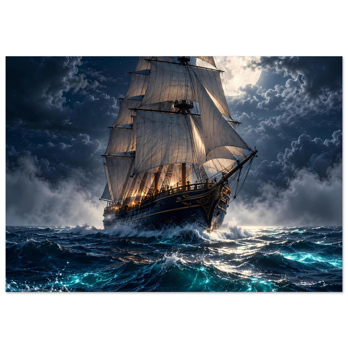 Querformat-Segelschiff-Poster mit Vollsegeln, dramatischem Himmel und Wellen