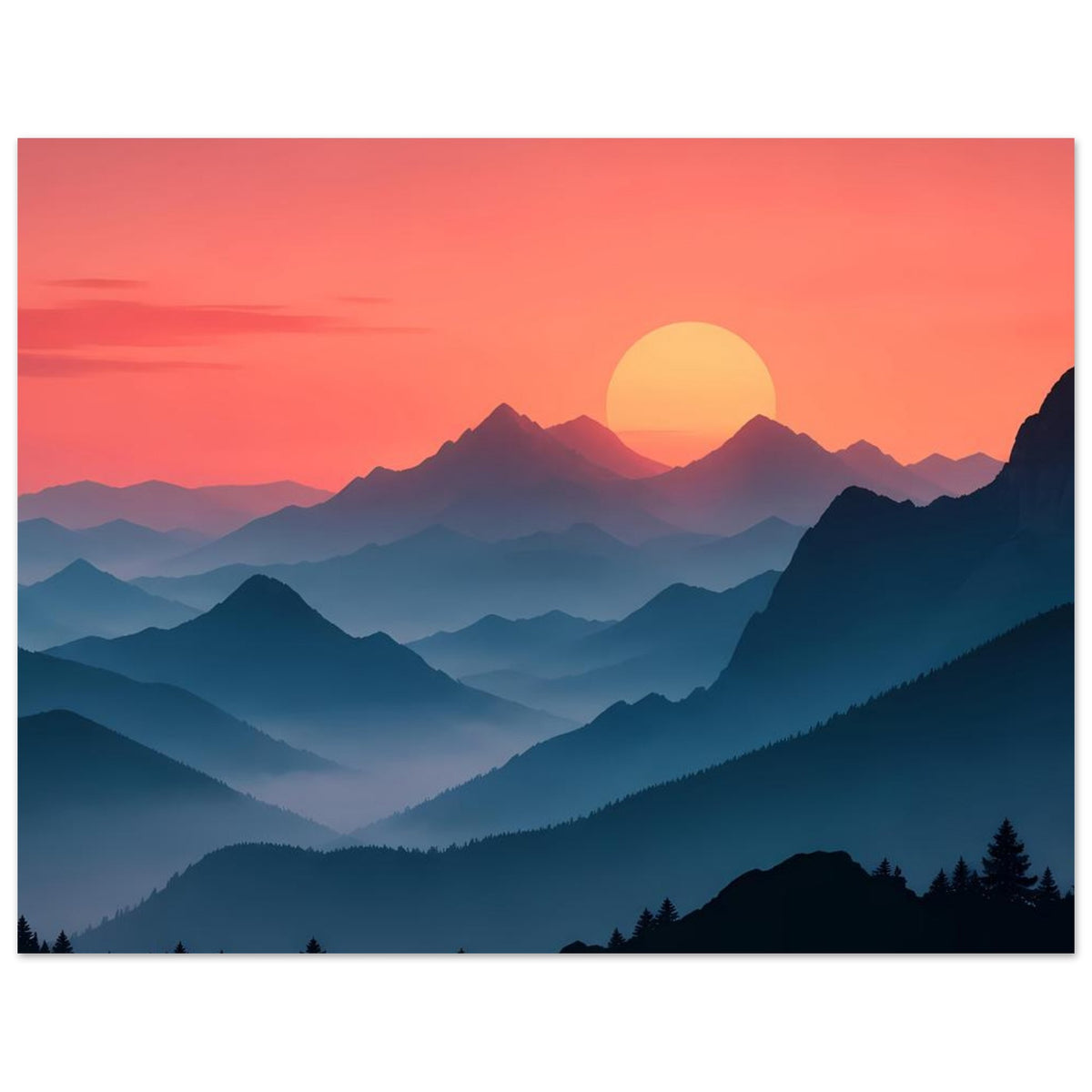 Landschaftsposter mit pastelligem Sonnenuntergang, gelber Sonne und blauem Bergtal mit Fichten