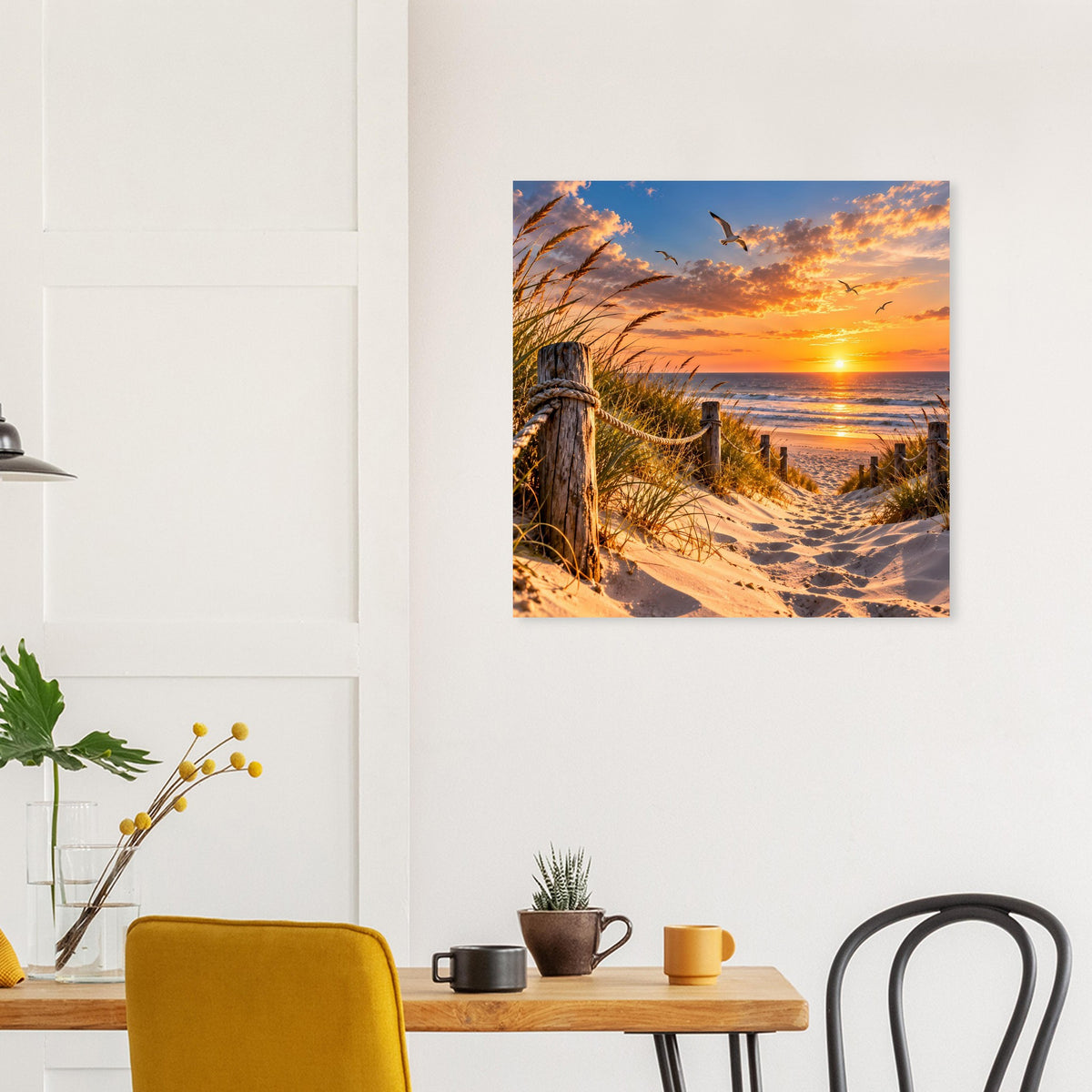 Poster mit Dünen und Sonnenuntergang, warmes Licht über dem Meer