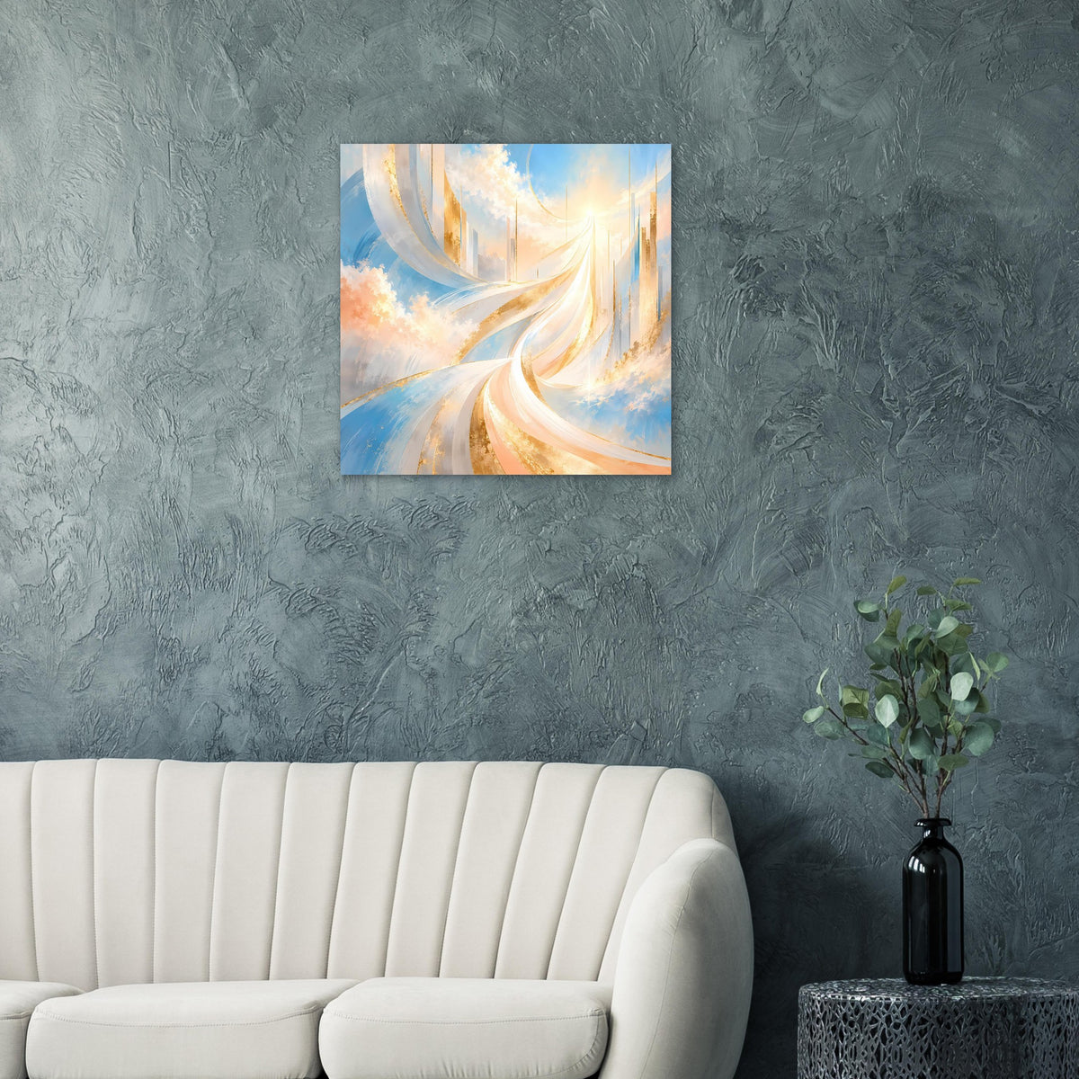 Abstraktes Poster mit gold-blauen Spiralen und hellem Lichtbogen