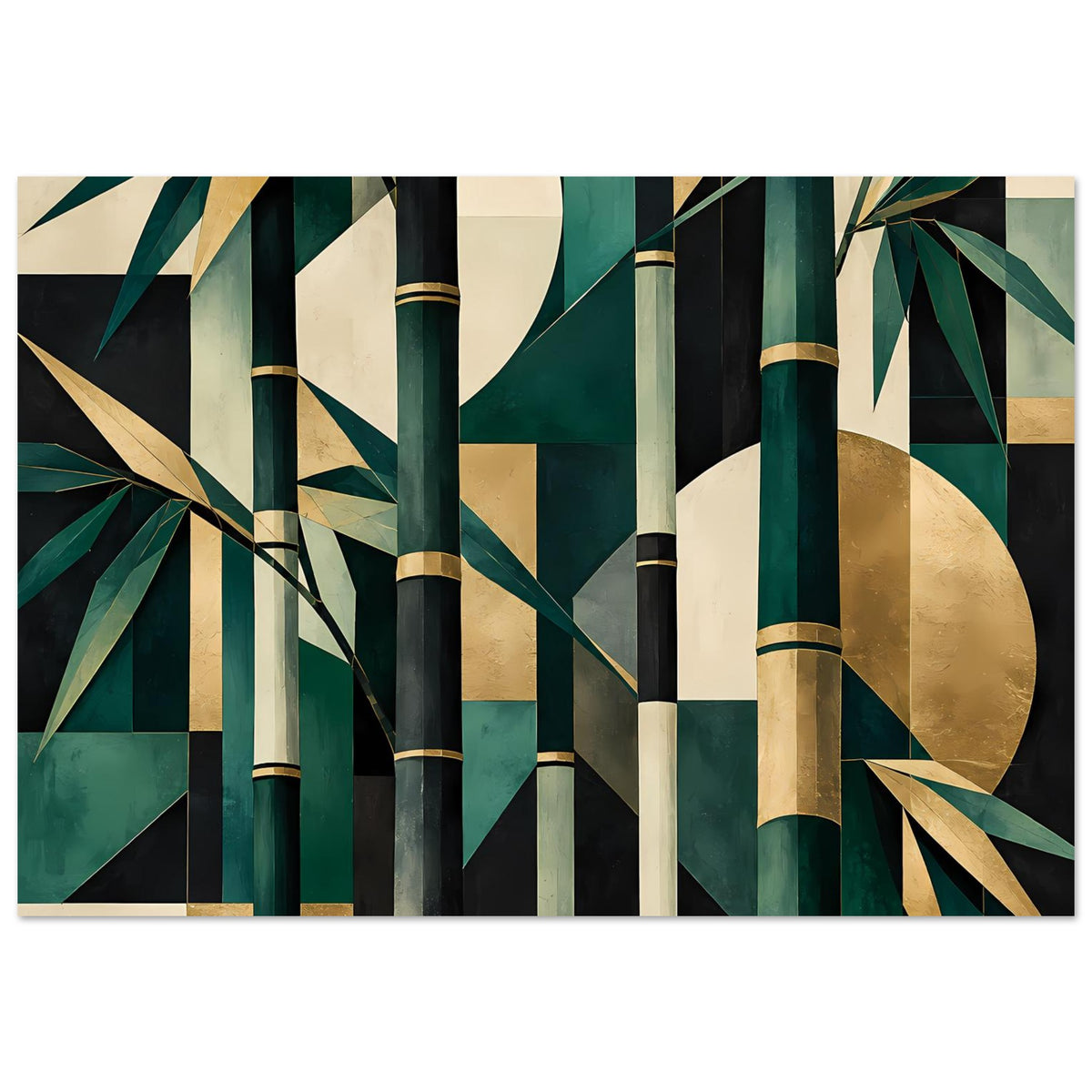 Wandposter mit abstraktem Bambusmotiv in Smaragdgrün, Gold und Beige, rechteckiger Druck