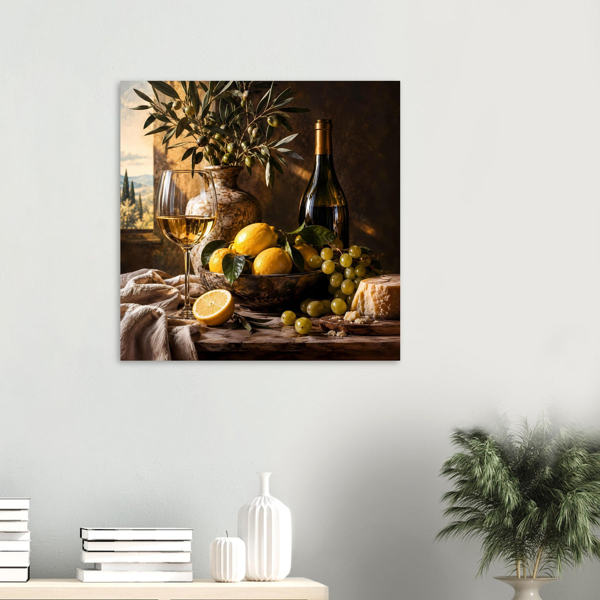 Poster mit mediterranem Stillleben: Weinflasche, Weinglas, Zitrone, Trauben, Käse