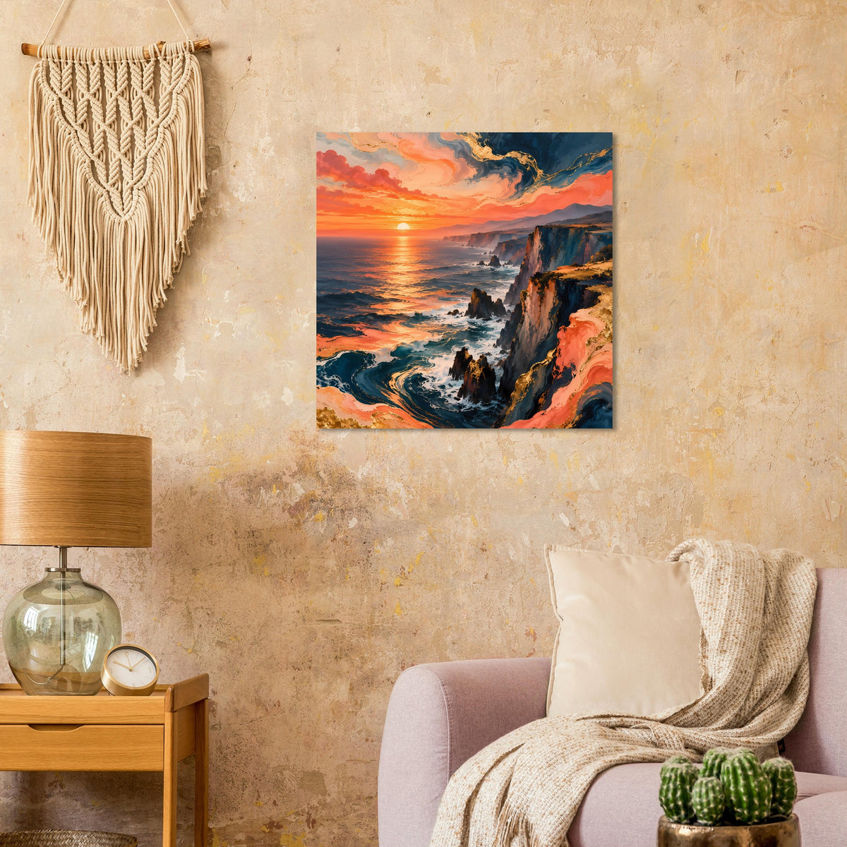Wandposter mit Sonnenuntergang über einer Felsküste, Meerfläche und kräftigen Farbverläufen