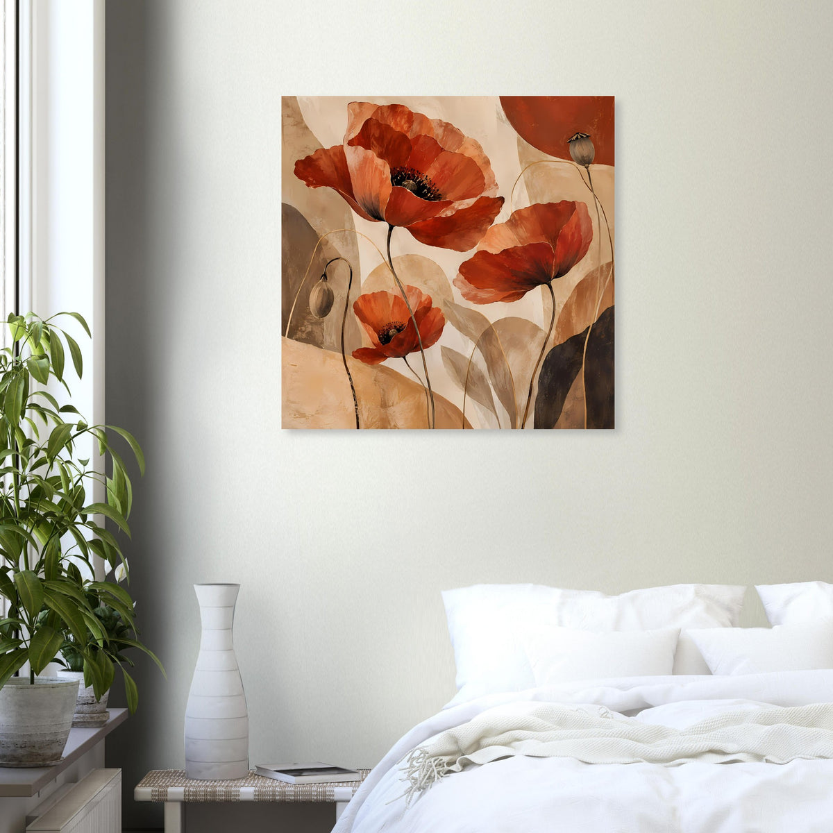 Poster mit roten Mohnblüten und hellen Stielen in beige-brauner Farbpalette