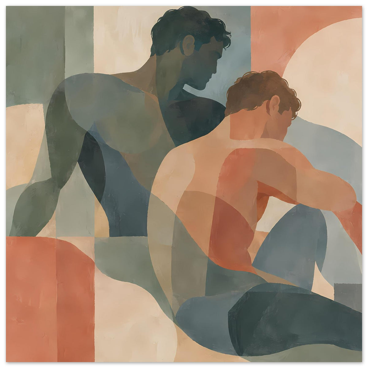 Abstrakter Kunstdruck mit zwei sitzenden Figuren in warmen Erdtönen, expressionistische Formen, vertikal