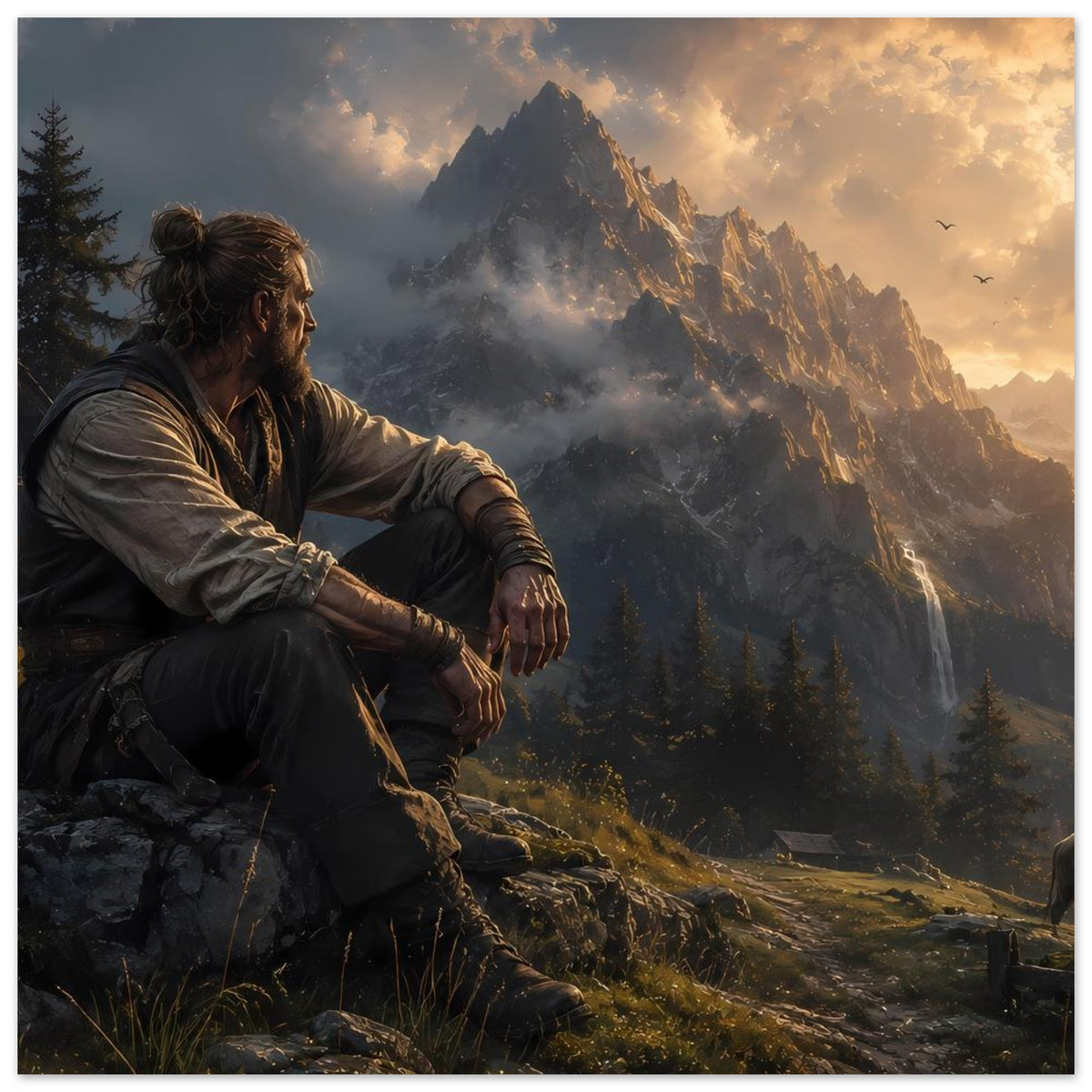 Poster mit Berglandschaft: Mann sitzt am Fels, Lichtfächer auf den Bergkämmen, Vögel