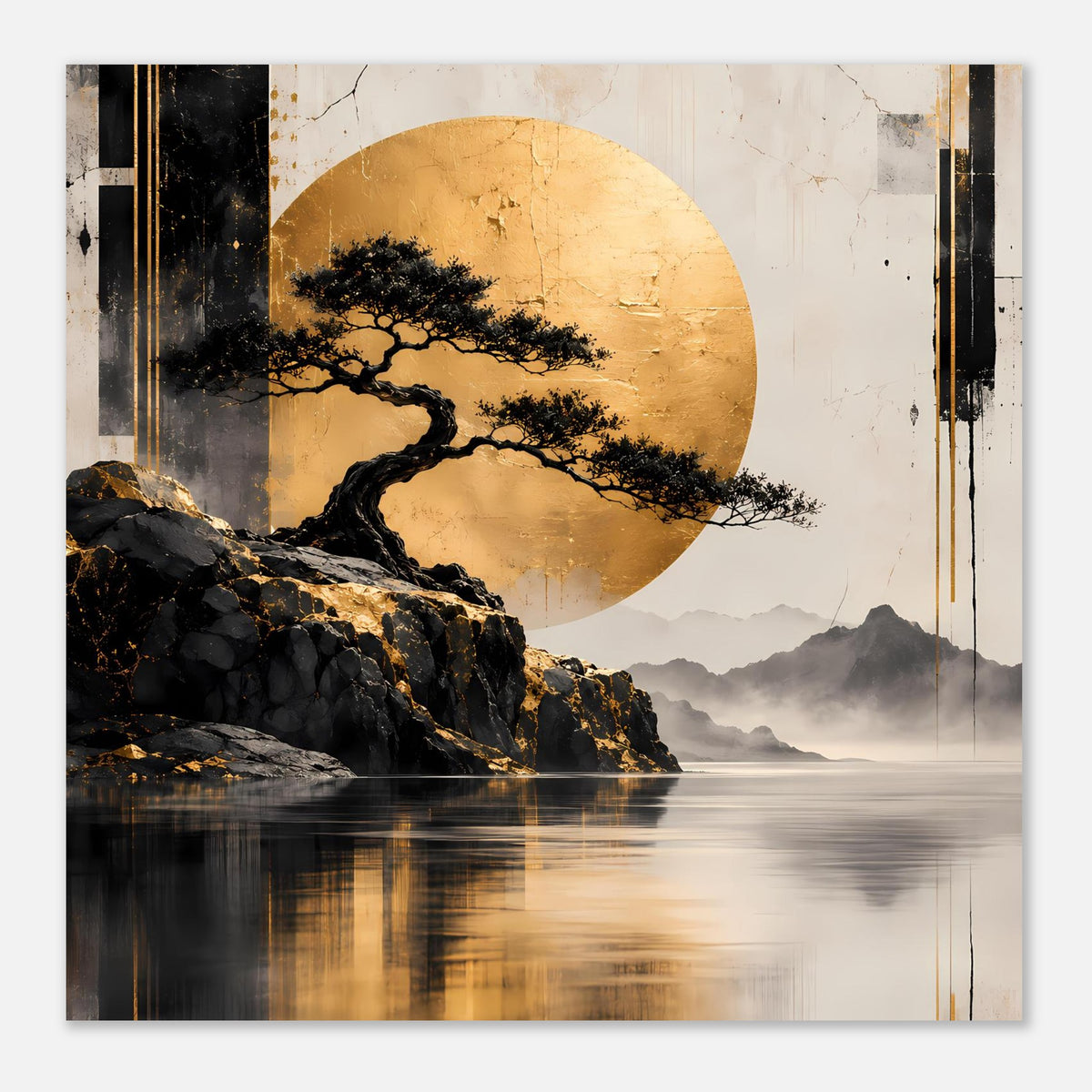 Breites Poster mit Bonsai-Baum und goldener Sonne im Zen-Landschaftsstil