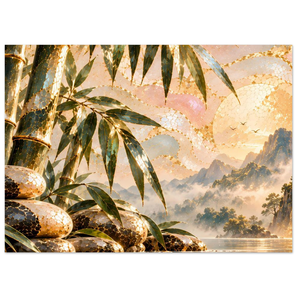 Zen-Wasserfall-Poster im Querformat: Bambusblätter, goldfarbene Steine, Wasser und Nebel