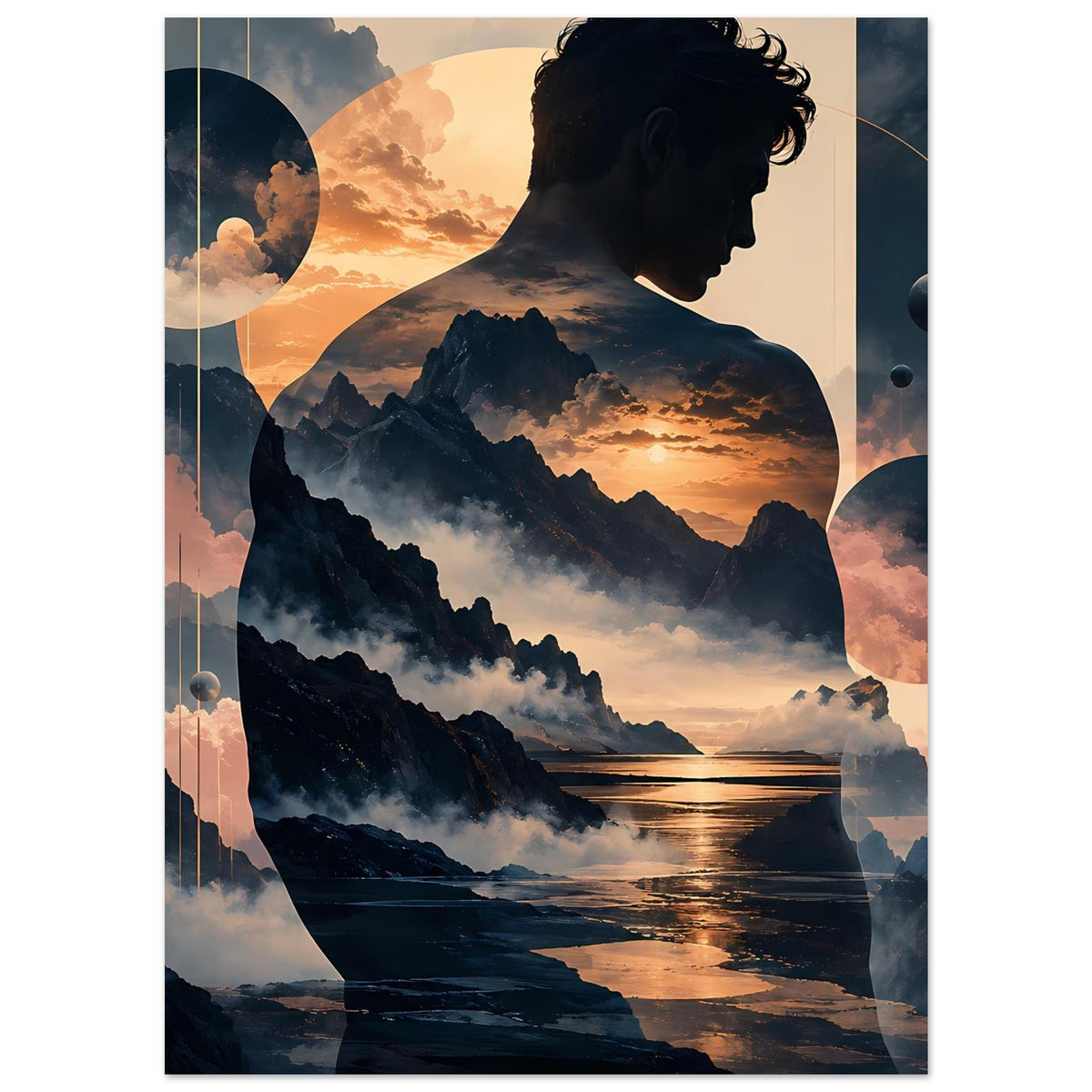 Poster in Hochformat mit Bergsilhouetten, Mann im Seitenprofil, Sonnenuntergang und Wolken
