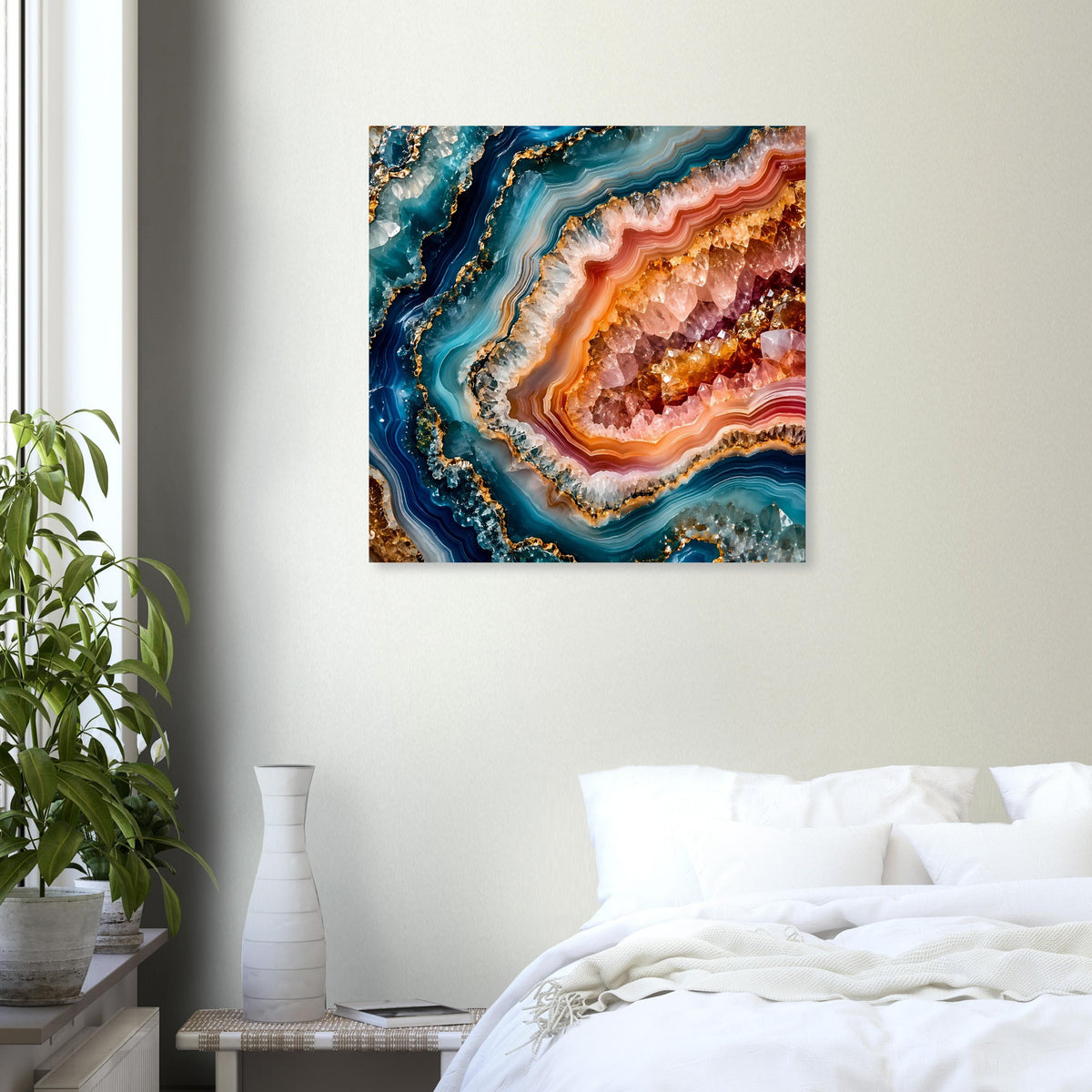 Abstraktes Geodenposter mit blauem Rand, orangefarbenem Zentrum und goldenen Kristallpunkten