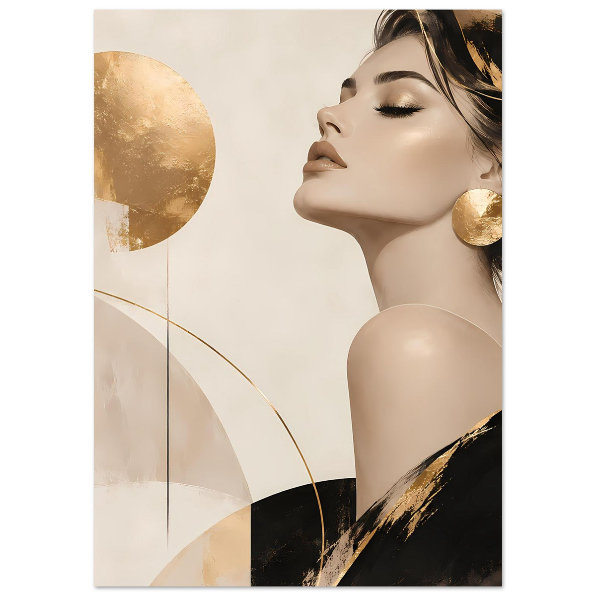 Premium-Poster mit Frauenporträt im Profil, goldene Akzente und abstrakte Kreise