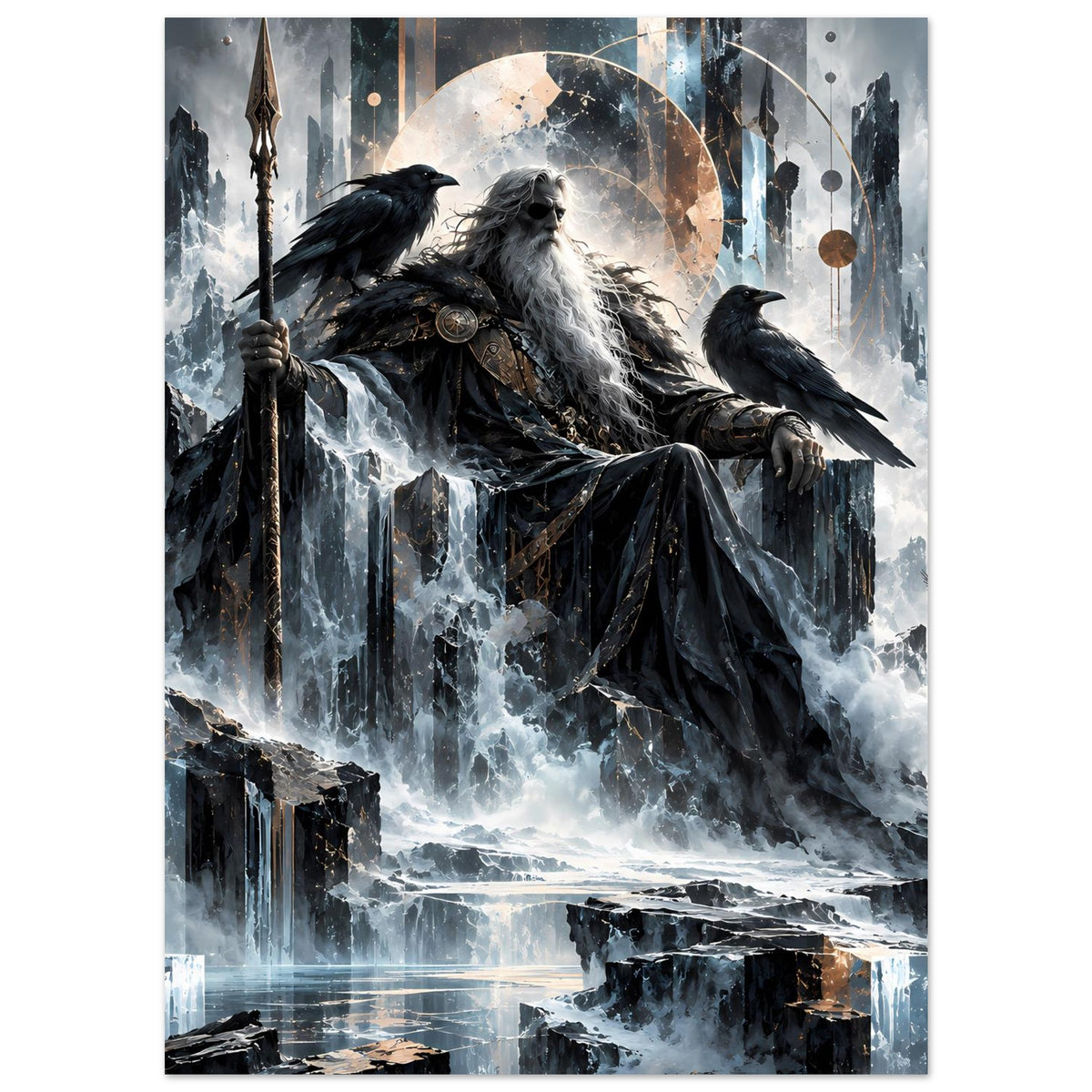 Mythologie-Poster, Odin hält den Speer, Raben sitzen auf dem Thron und am Rand