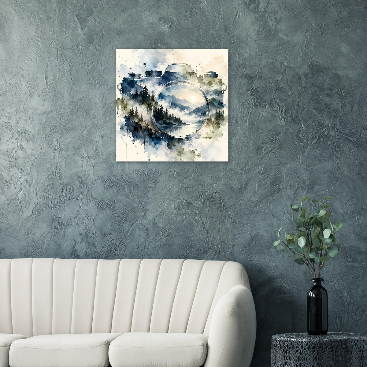 Quadratisches Aquarell-Poster mit rundem Motiv, blauem Wald und heller Mondscheibe