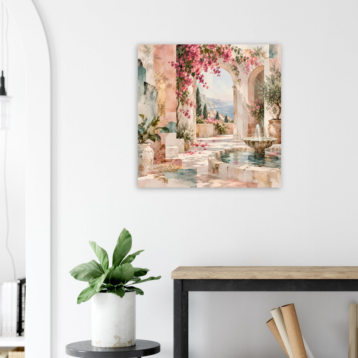 Quadratisches Kunstposter: mediterrane Terrasse mit Arkaden, üppigen Blüten und Brunnen