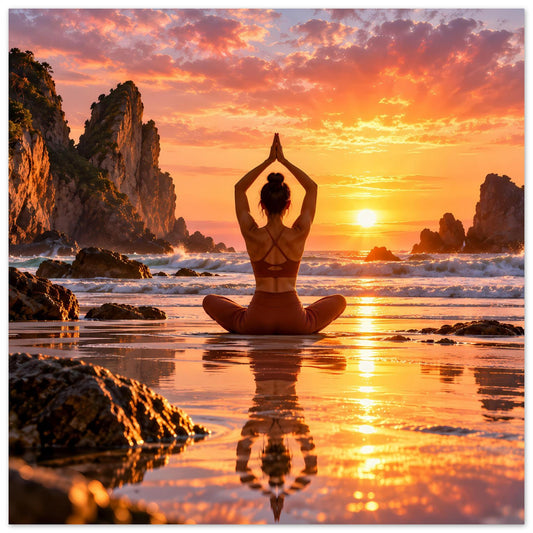 Yoga-Poster: Person im Lotussitz mit erhobenen Armen, Sonnenuntergang am Strand