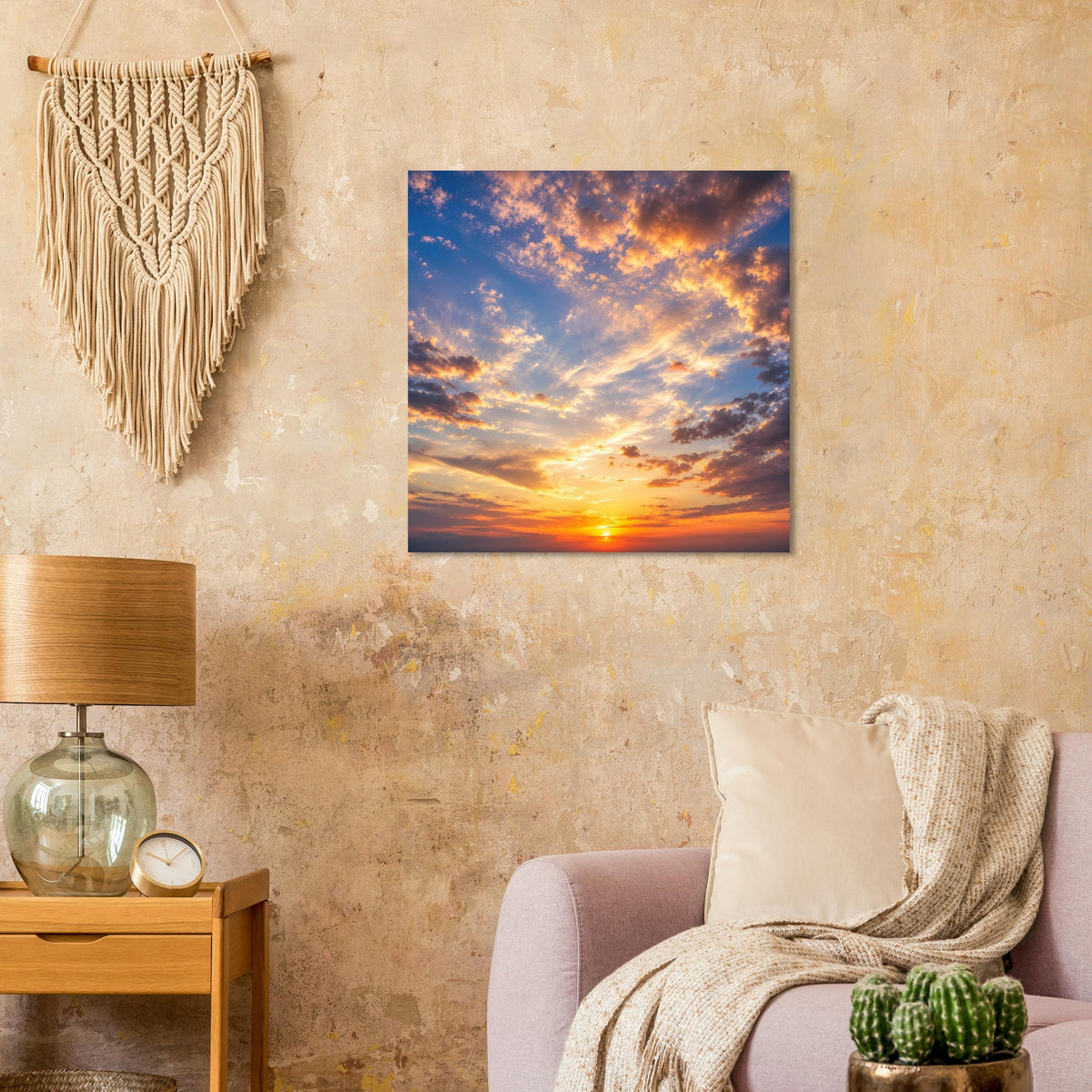 Poster mit Sonnenuntergang am Horizont, violett-blauer Himmel mit Wolken