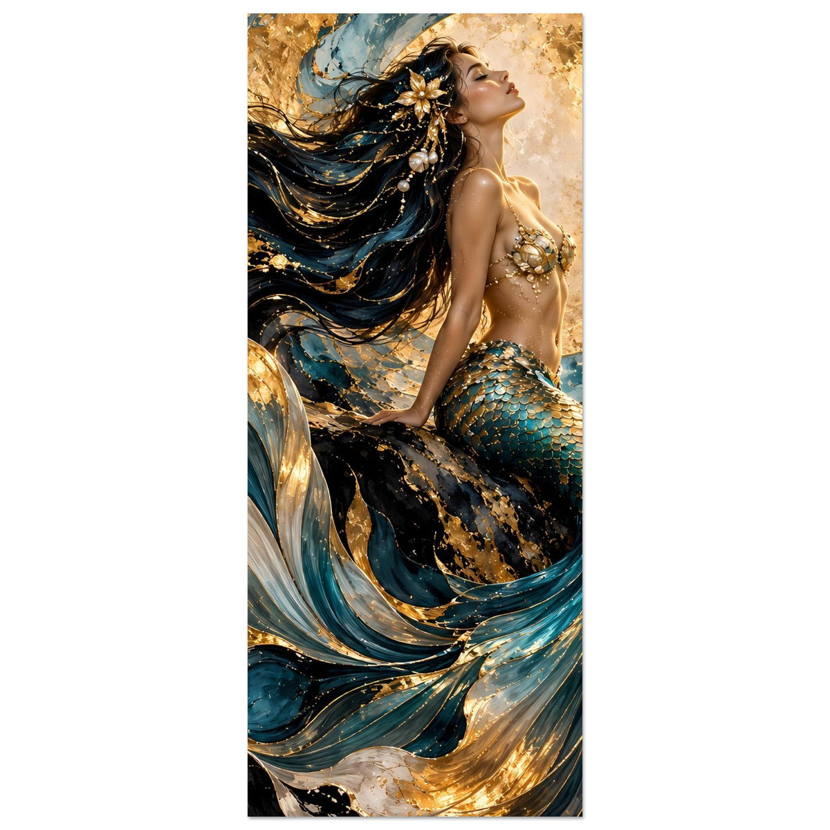 Hochformat-Poster mit Meerjungfrau, Türkis-Gold Flosse, goldener Kreis im Hintergrund