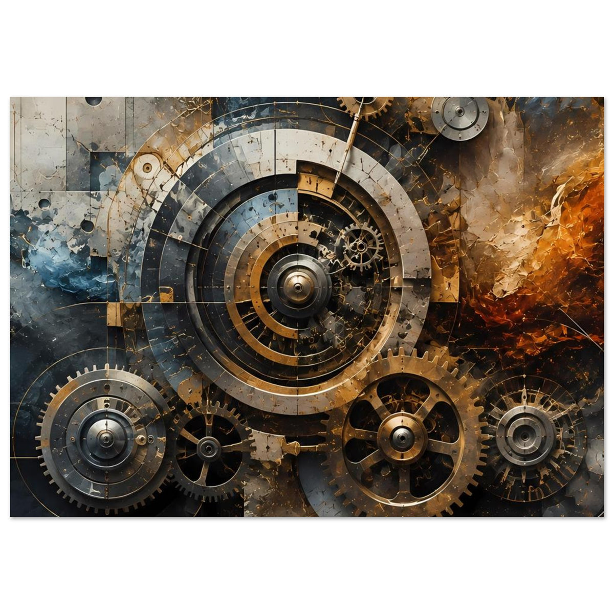 Poster mit zentriertem Zahnrad-Design, Steampunk-Look, warmen Metalltönen