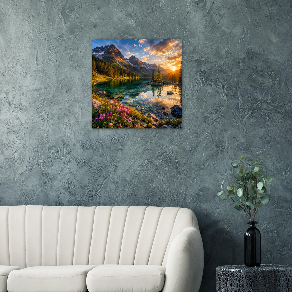 Quadratisches Poster mit Bergsee-Landschaft, Sonnenuntergang zwischen Bergen und Spiegelung
