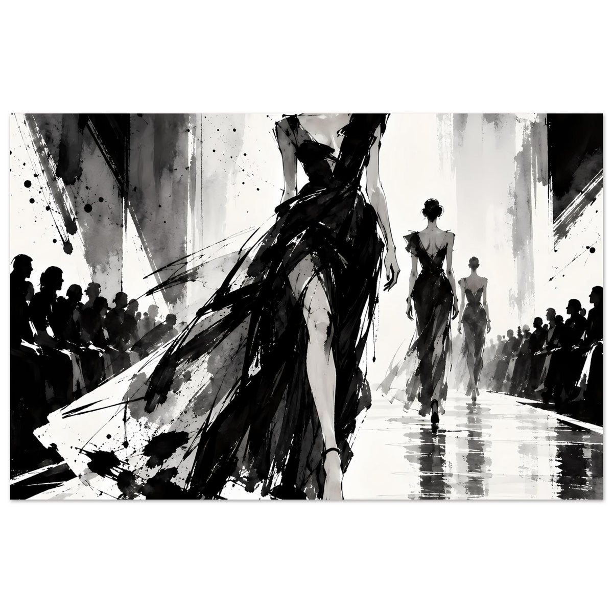 Mode-Illustrationsposter in Schwarzweiß: elegante Frau im langen Kleid auf Laufsteg
