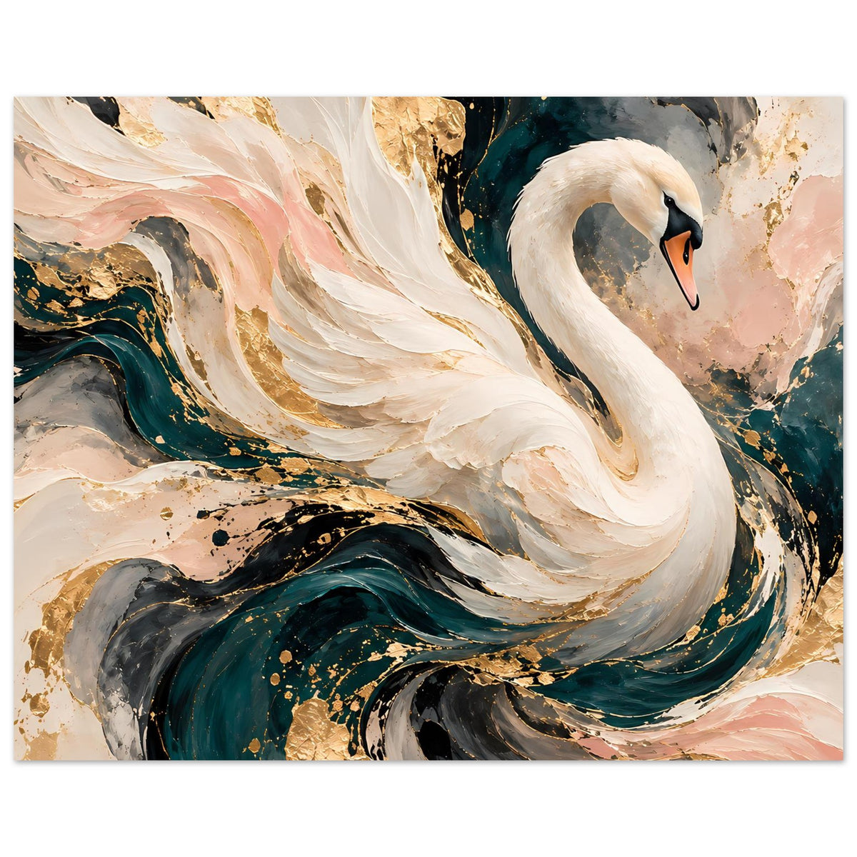 Abstraktes Kunstposter: weißer Schwan mit dunklem Schnabel, goldene Sprenkel, türkisfarbene Wirbel