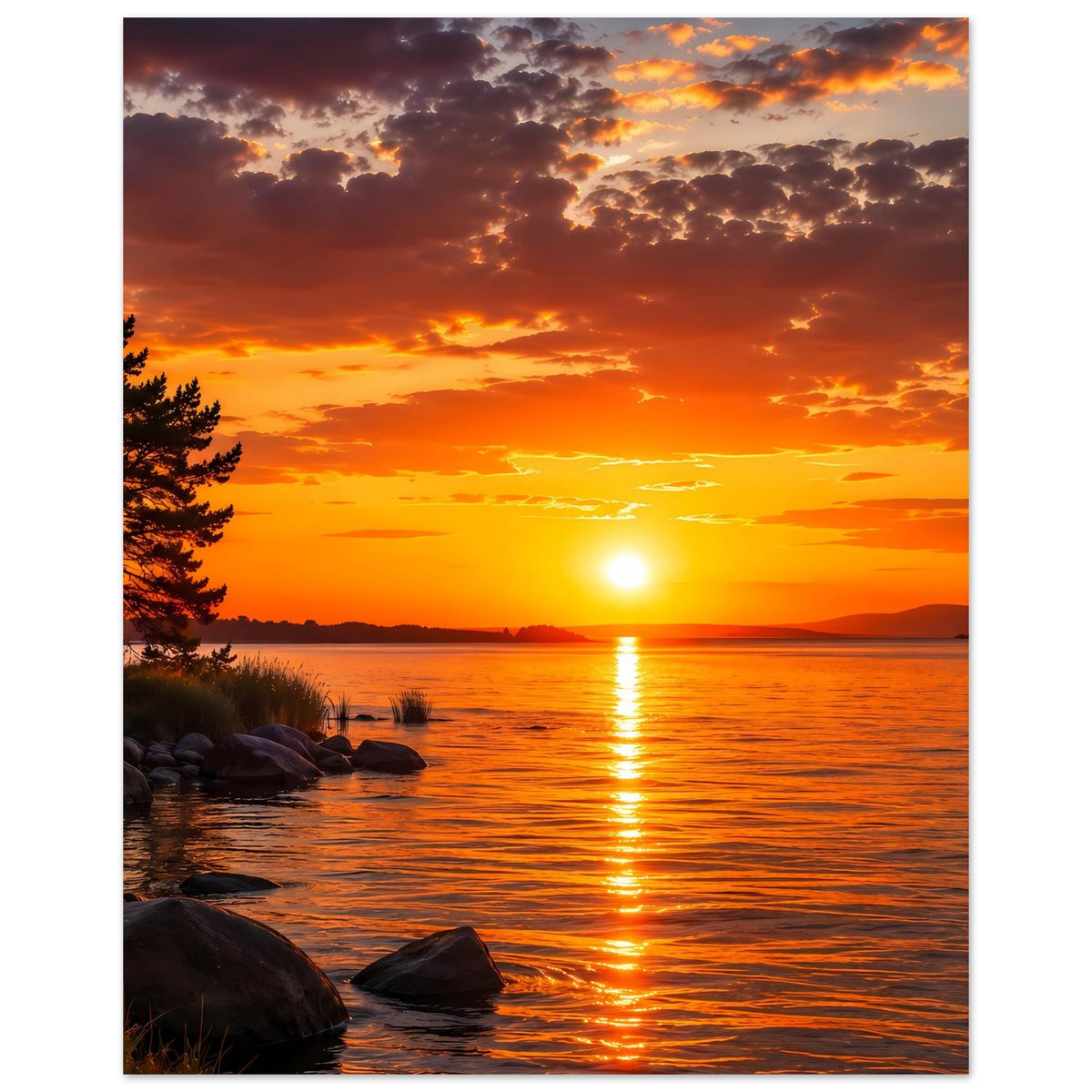 Wandposter, vertikal: Sonnenuntergang über See mit leuchtender Sonne und Steinen am Ufer