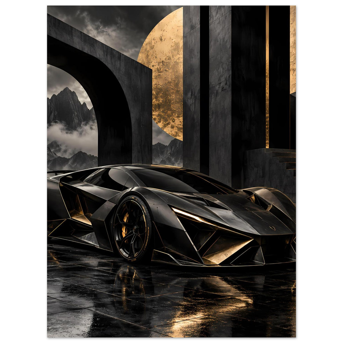Autoposter mit futuristischem Supersportwagen in dunklem Schwarz mit Gold, vordere Ecke