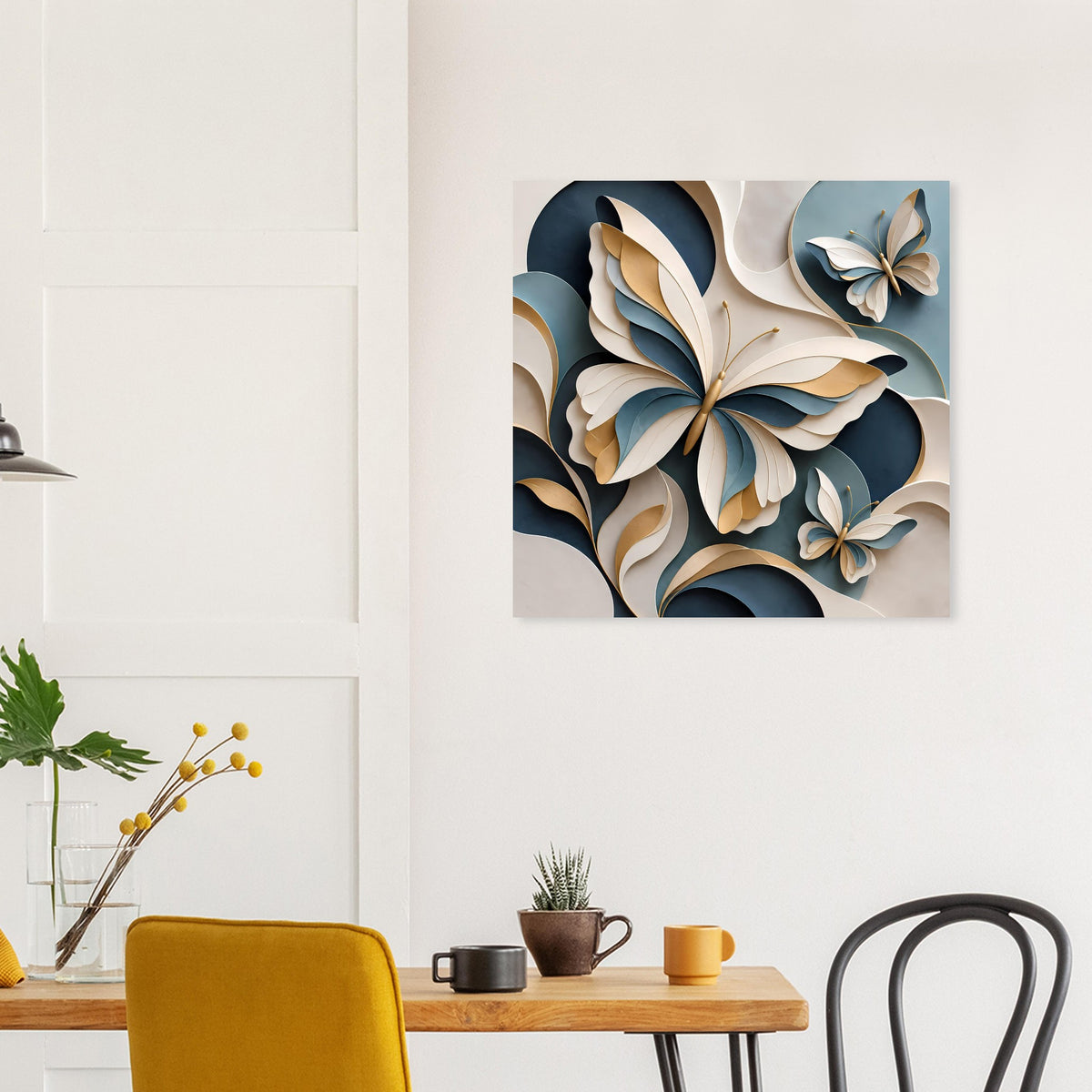 Quadratisches Premium-Poster mit Schmetterlingen in Blau und Gold