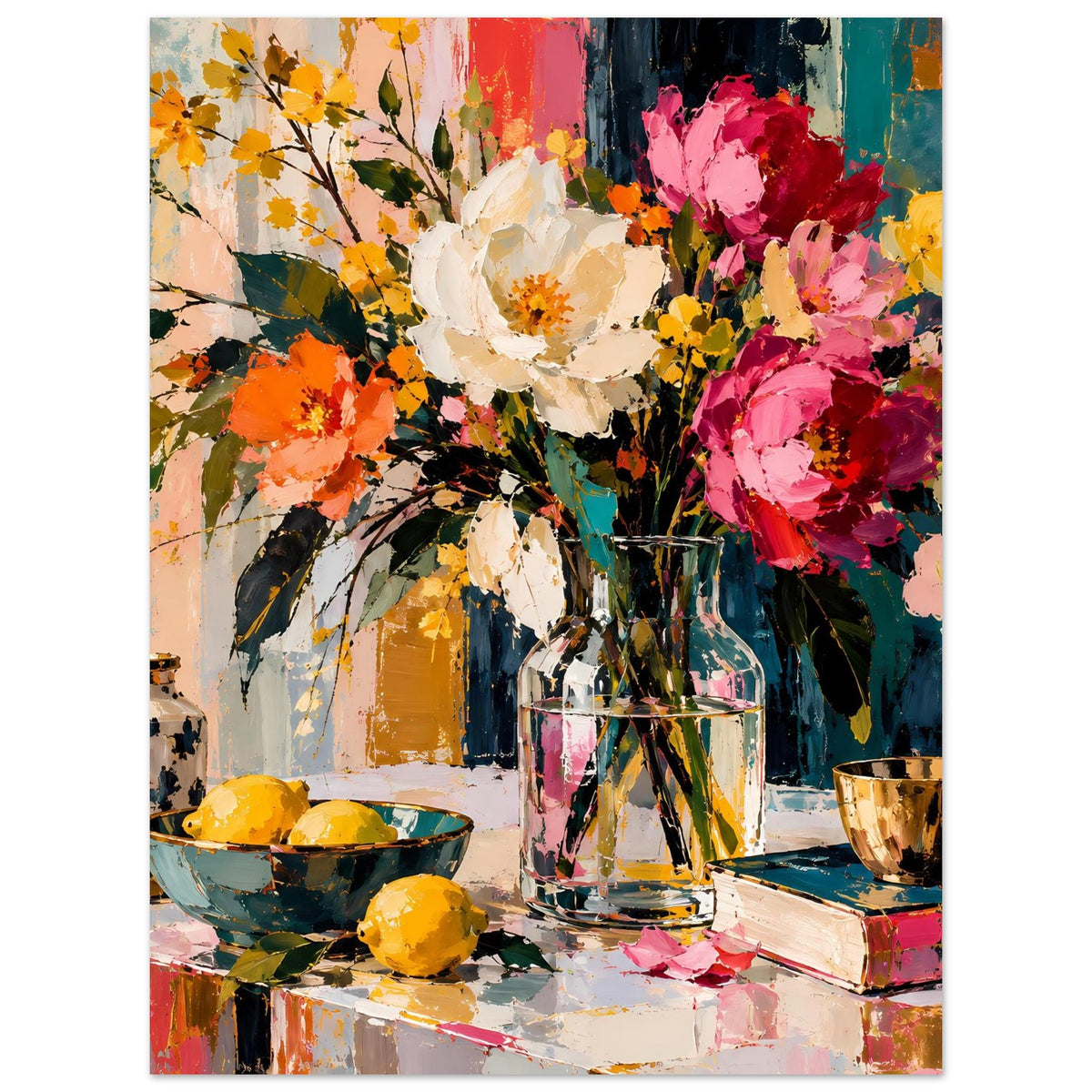 Blumen-Stillleben-Poster (hochkant) mit bunten Blüten, Glasvase, Keramikschüssel und Becher