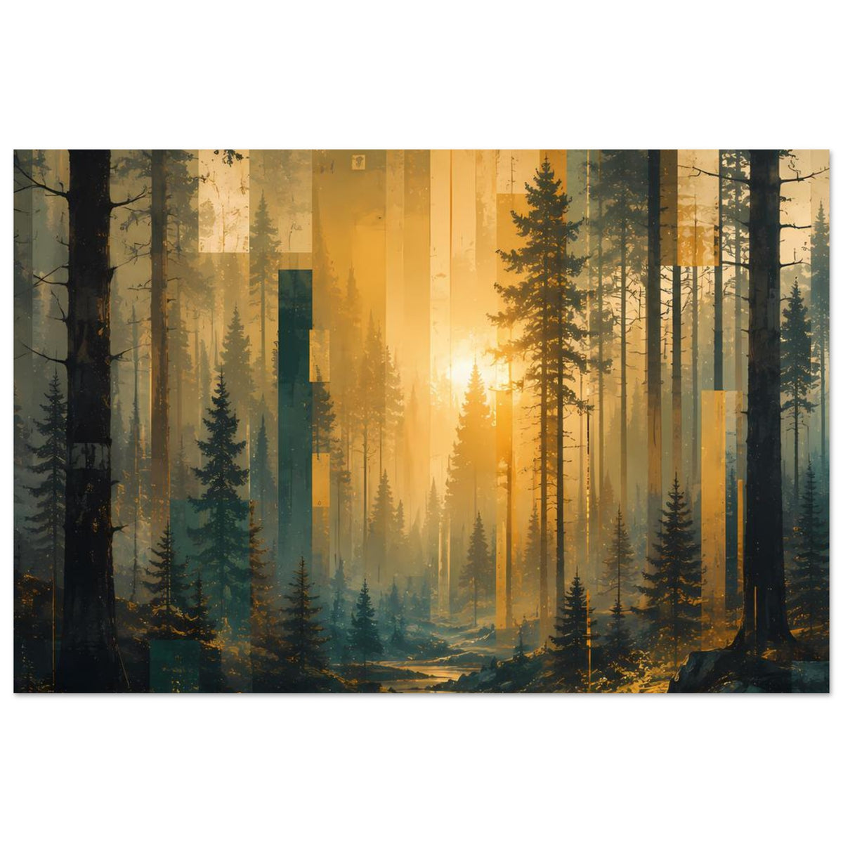 Wandposter Waldszene mit goldenem Morgenlicht, Tannenstämme und ruhigem Waldbach