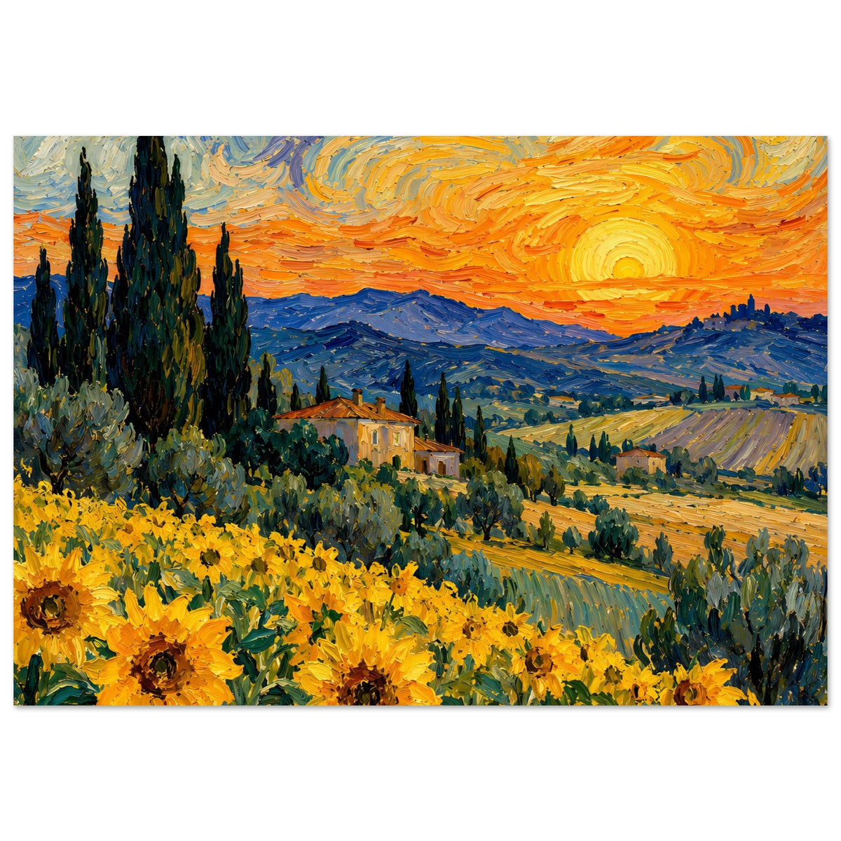 Kunstposter im Querformat mit Sonnenuntergang, gelben Sonnenblumen und Zypressen