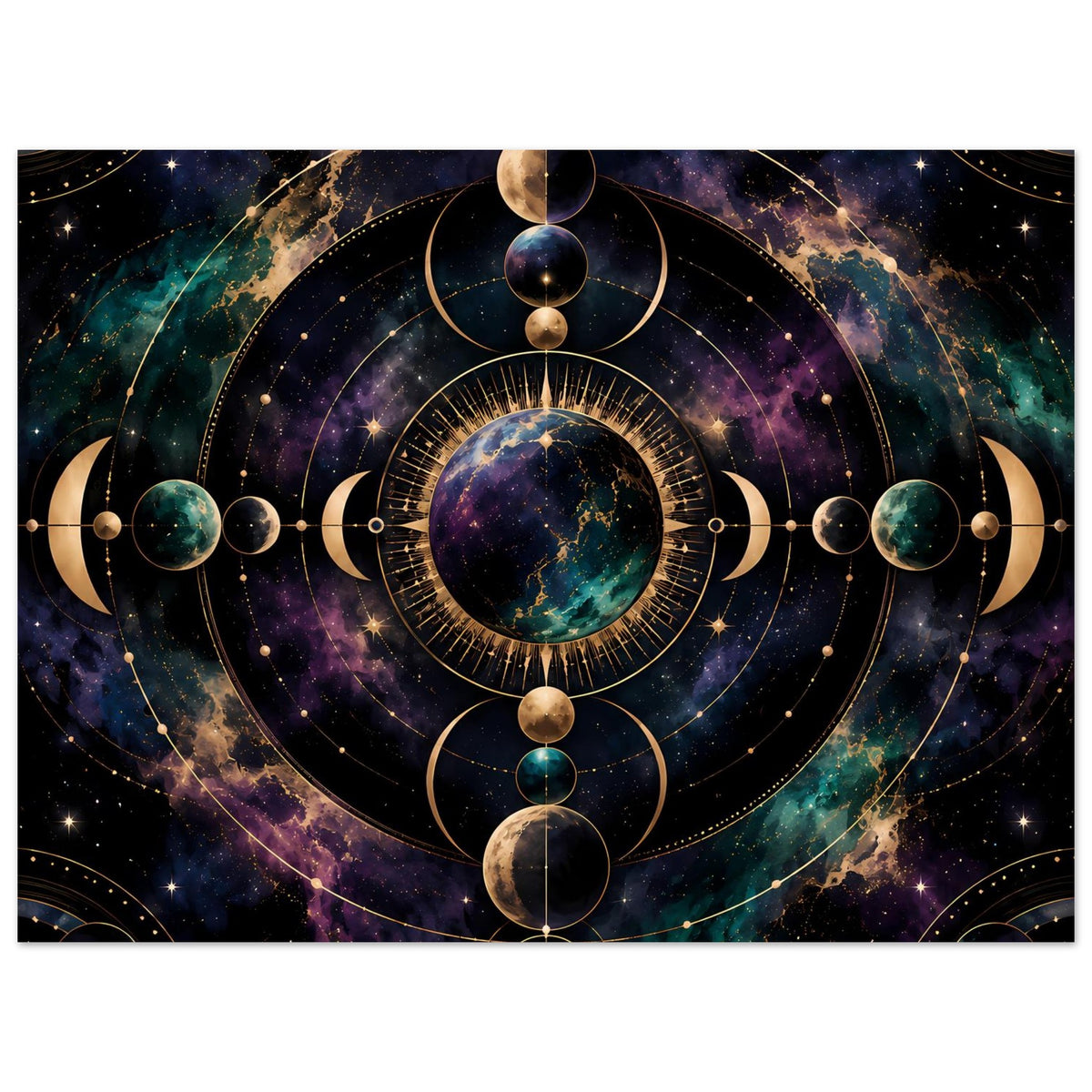 Poster mit kosmischem Mondphasen-Motiv in dunklem Raum, goldenen Kreisen und Planeten