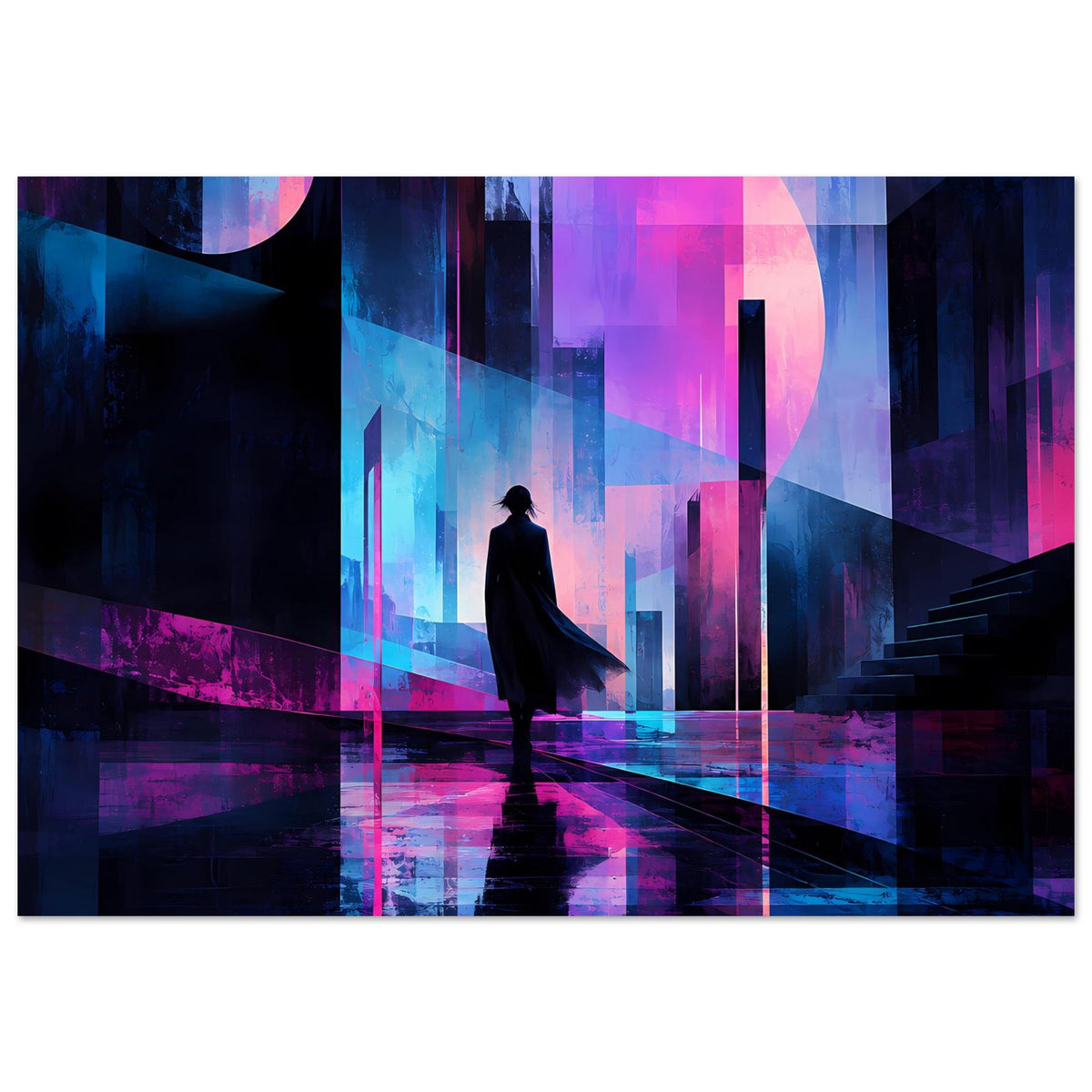 Horizontales Poster: Neon-Stadtlandschaft mit Figurensilhouette, violetten und blauen Lichtstreifen