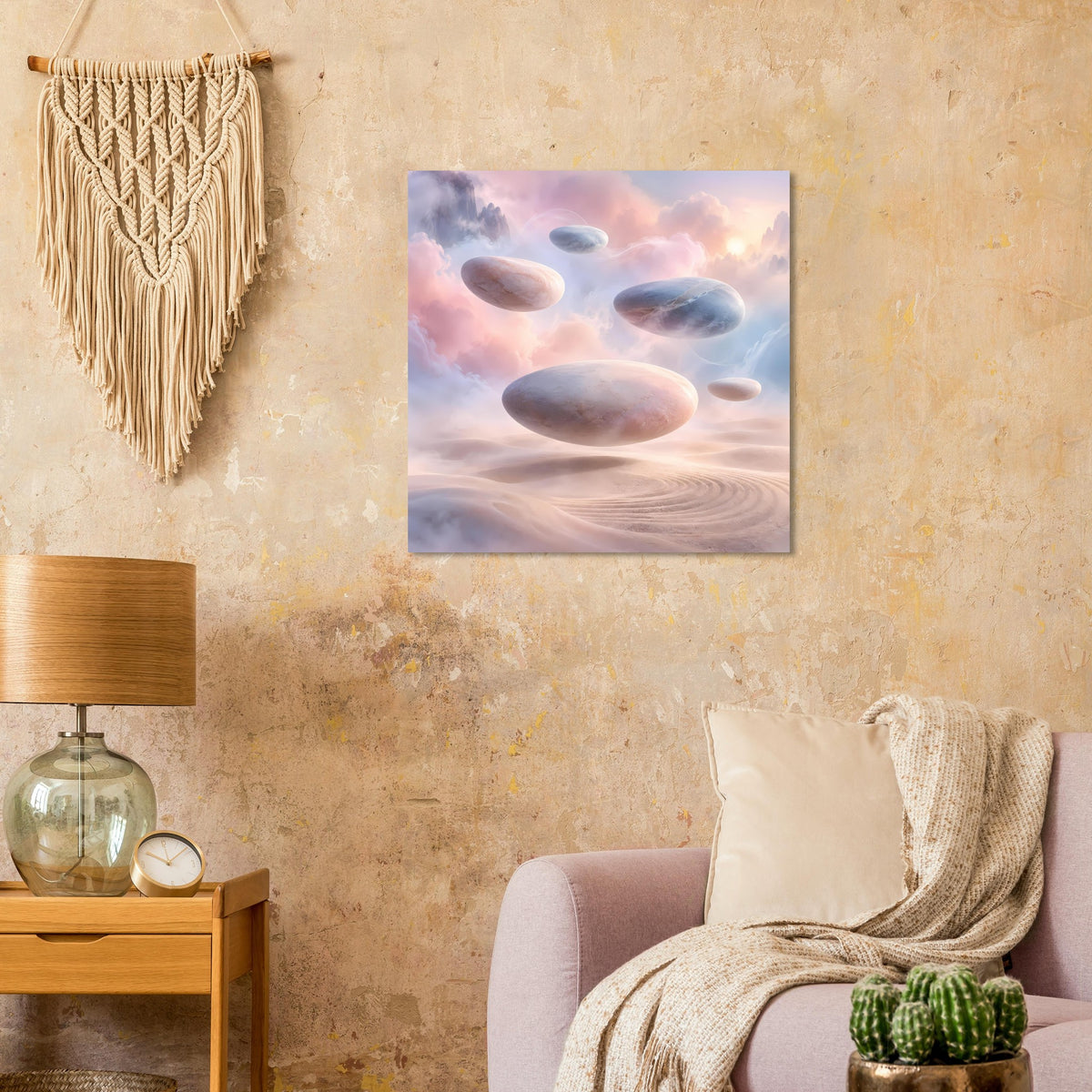 Surreales Poster mit schwebenden Felsen über rosa Wüstendünen