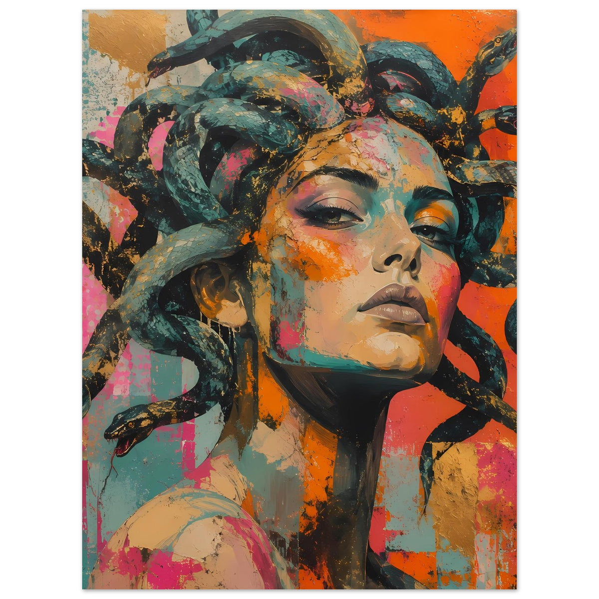 Poster mit Medusa-Porträt: dunkles Gesicht, orange-rosa Akzente, Schlangenhaar in leuchtenden Farben