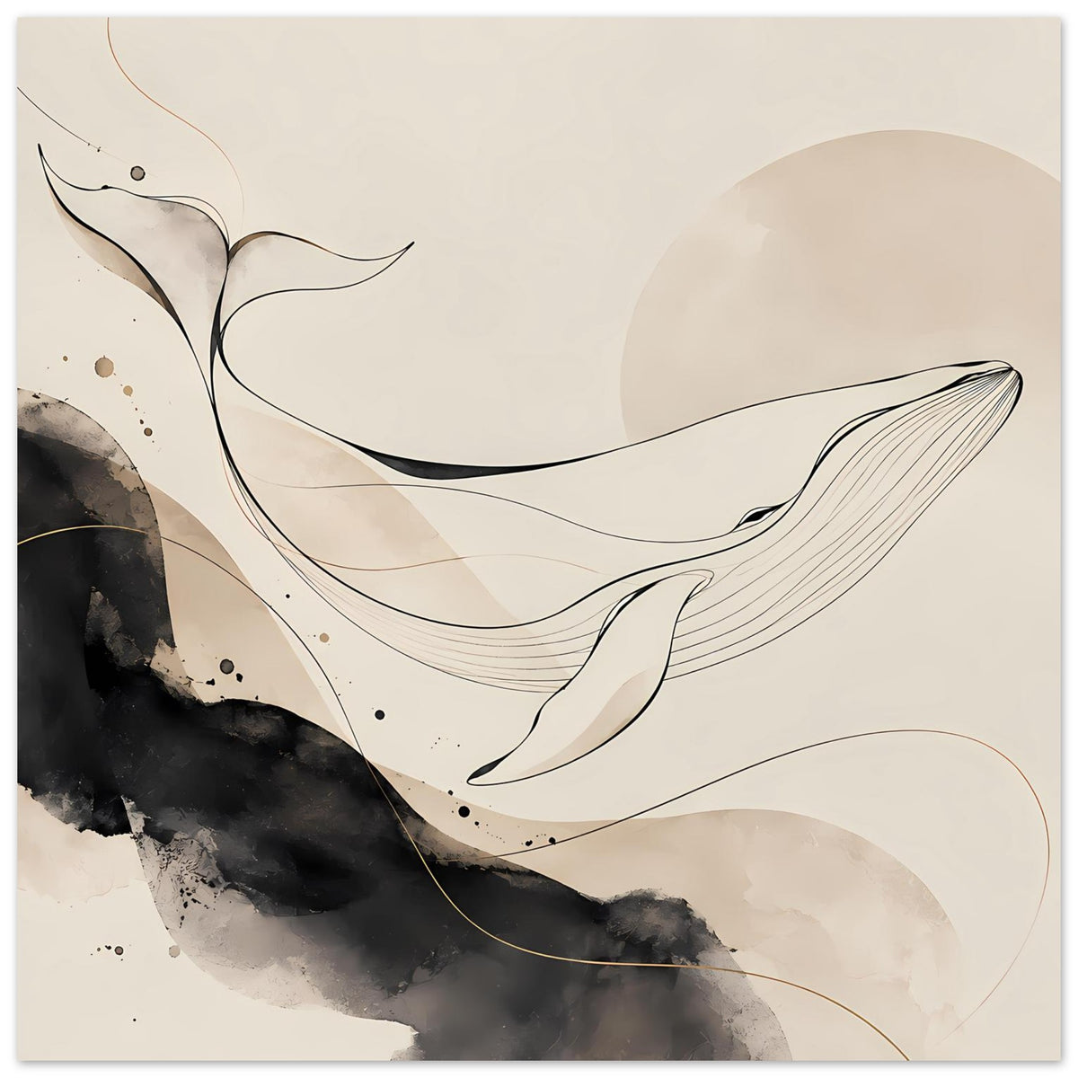 Abstraktes Wal-Poster: feine Linien, schwarz-beige Aquarellflächen und Punkte