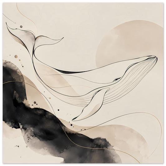 Abstraktes Wal-Poster: feine Linien, schwarz-beige Aquarellflächen und Punkte