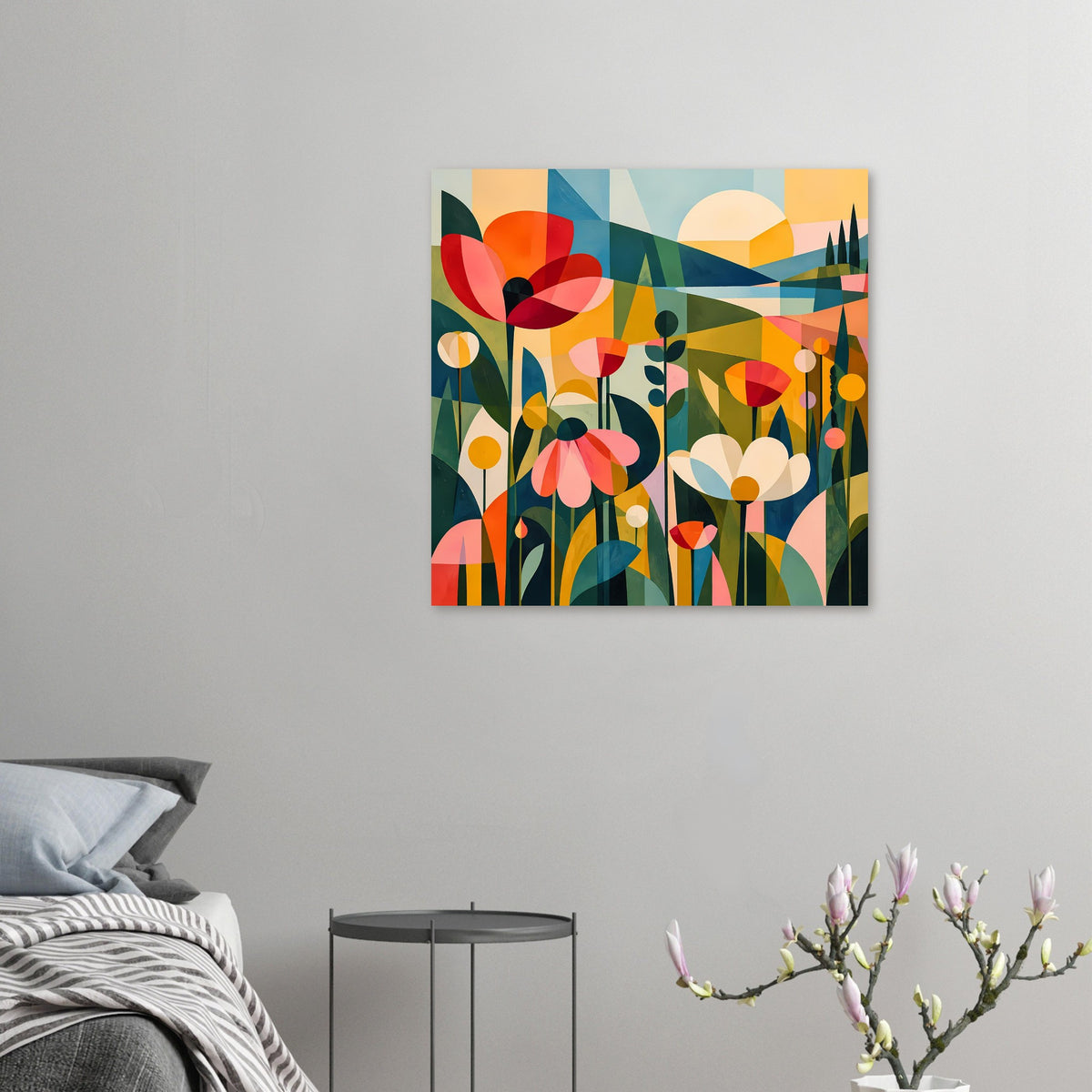 Abstraktes Blumenposter an der Wand, klein im Bild: bunte Blüten, Gräser und Sonnenmotive
