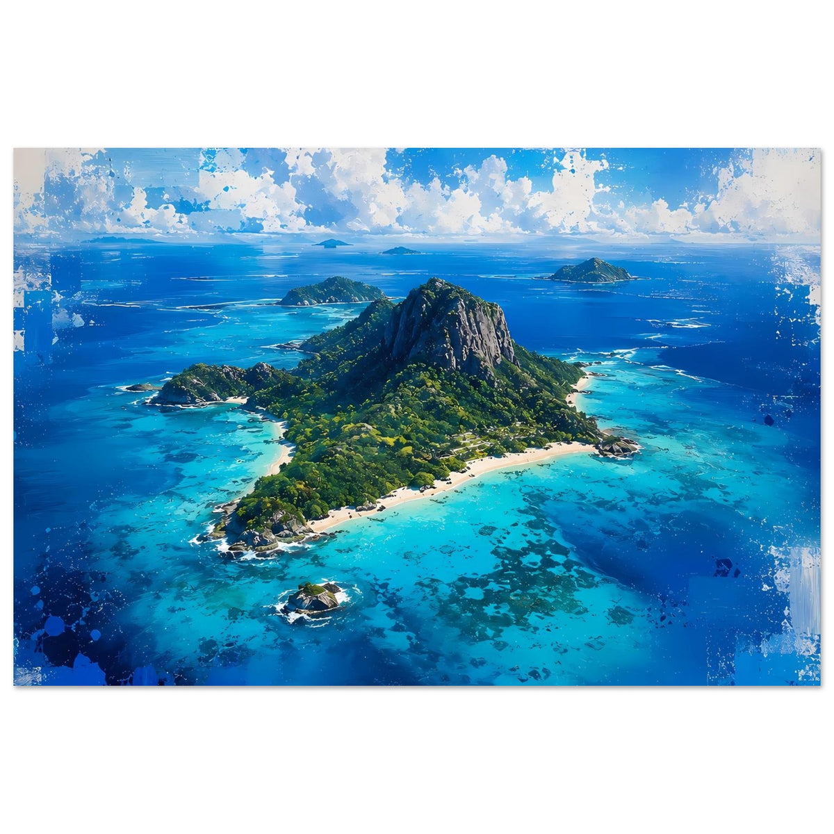 Tropisches Insel-Poster mit Felsberg, türkisblauem Meer, Sandstreifen und kleinen Felsen