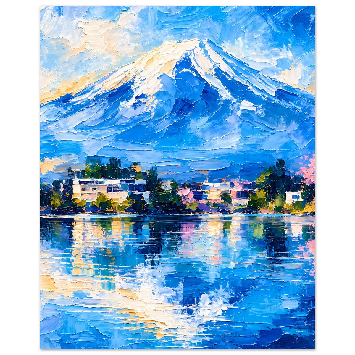 Hochformat-Poster mit blauem Berg, See mit Reflexion sowie Stadt- und Baumansicht, Pinselstruktur