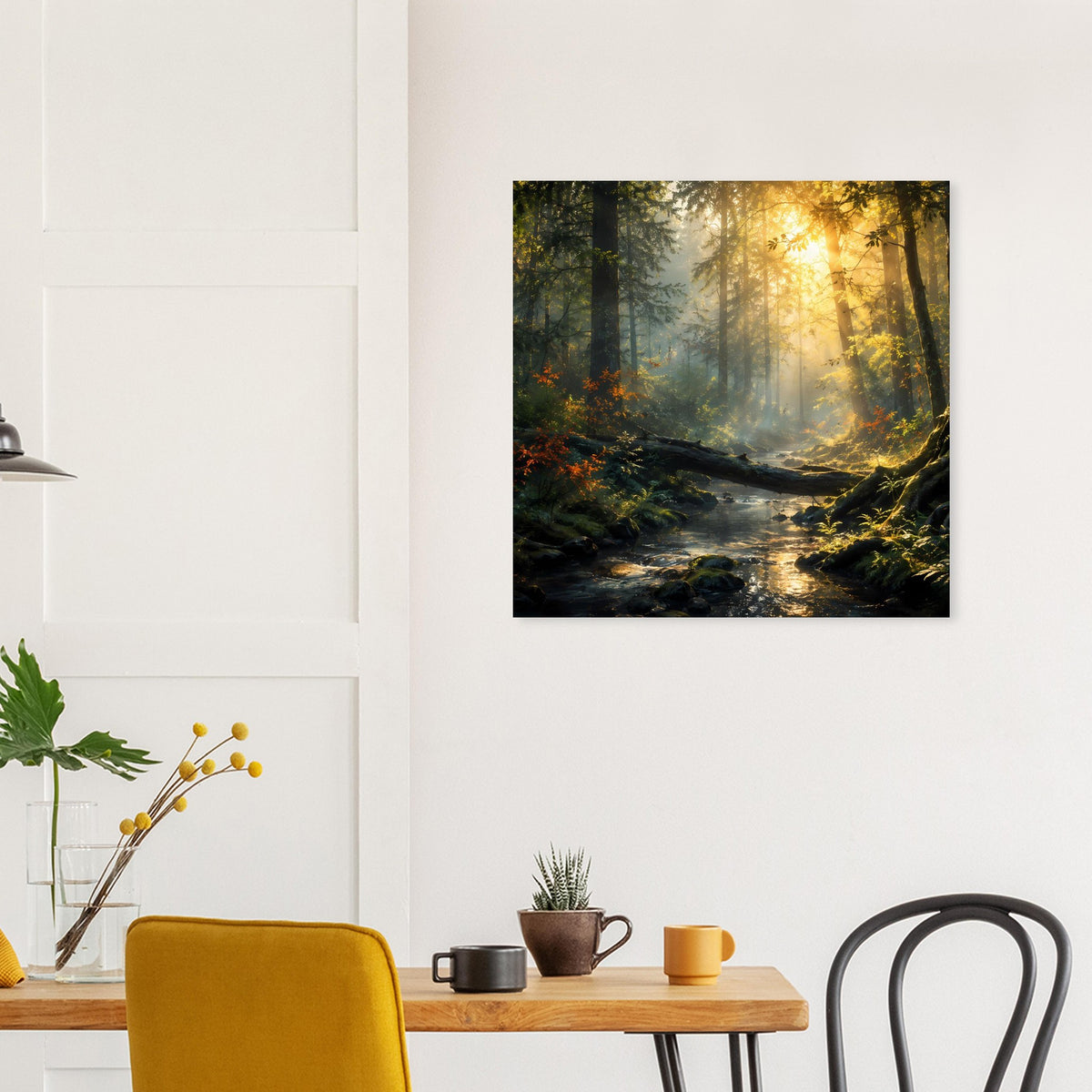 Wandposter mit Waldstream und goldenem Licht, ruhige Lichtstimmung zwischen Bäumen