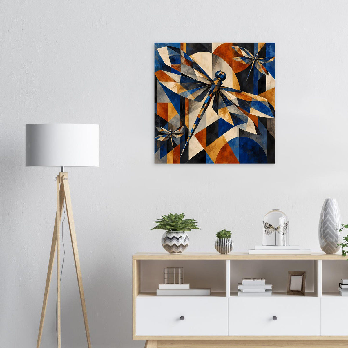 Kunstposter mit geometrischen Libellen in Blau und Kupfer, quadratisch