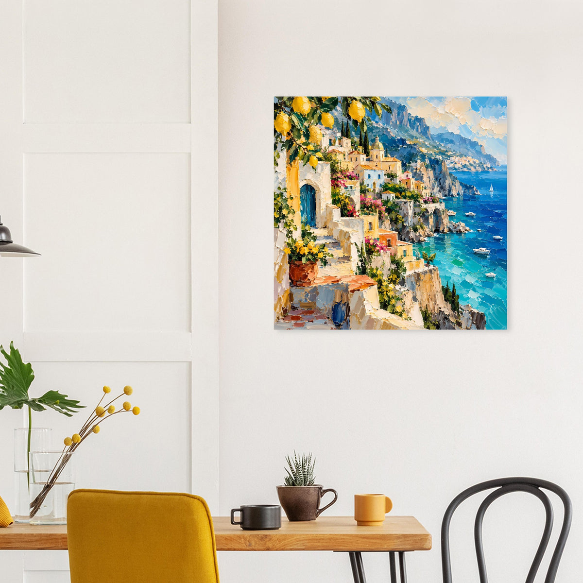 Quadratisches Poster mit Küstenpanorama, leuchtenden Häusern, Blumen und Meer