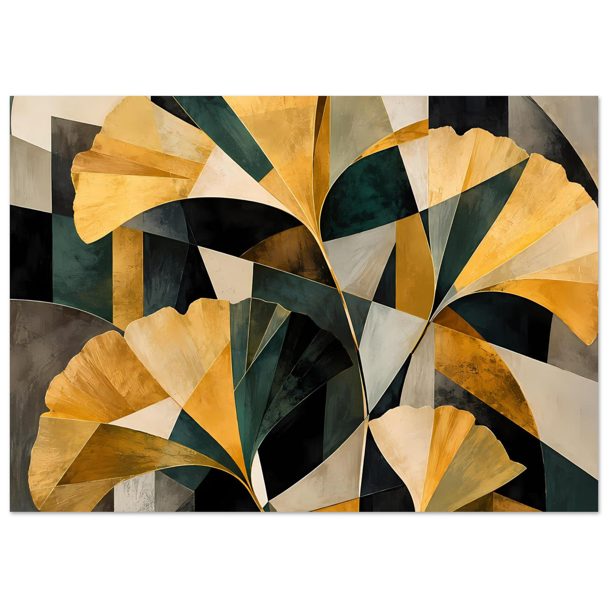Horizontales Blumenposter mit goldenen Blütenfächern, tiefgrünen Streifen und dunklen Flächen