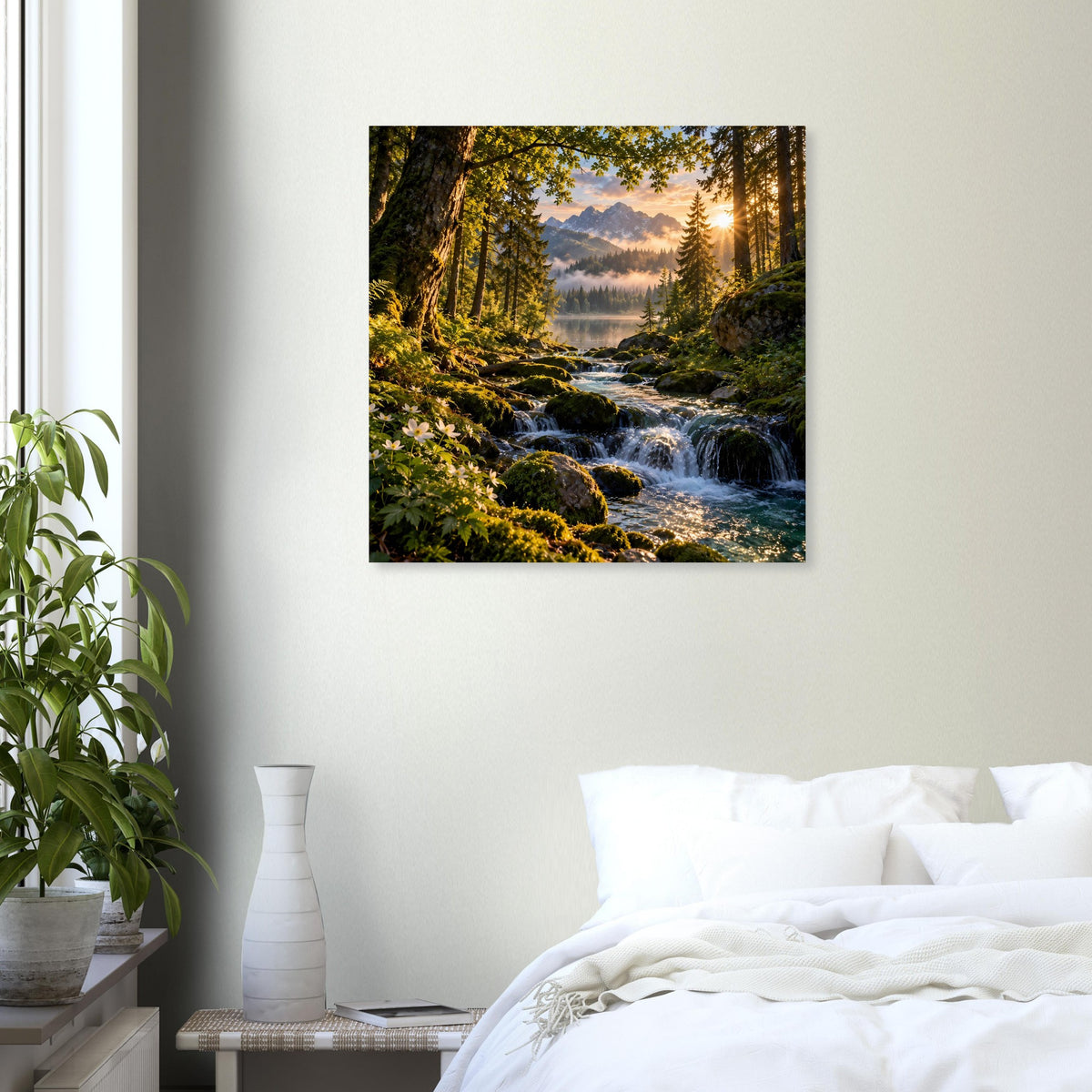 Wasserfall-Poster mit Waldweg am Fluss, quadratisch, auf mattem Premiumpapier