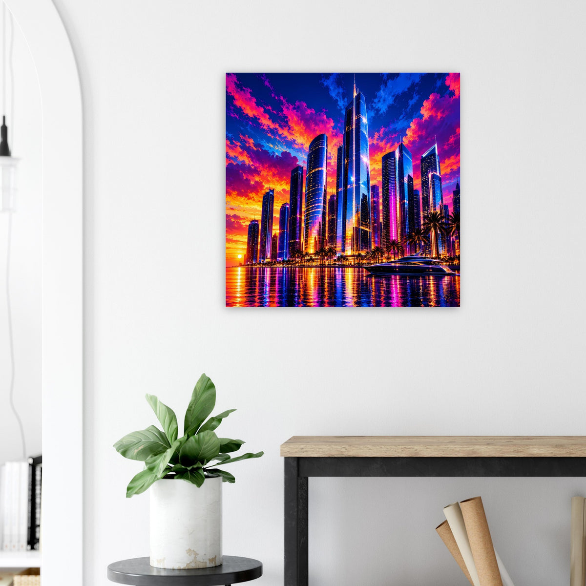 Wandposter mit leuchtenden Hochhäusern und bunten Wolken über dem Wasser im Sonnenuntergang