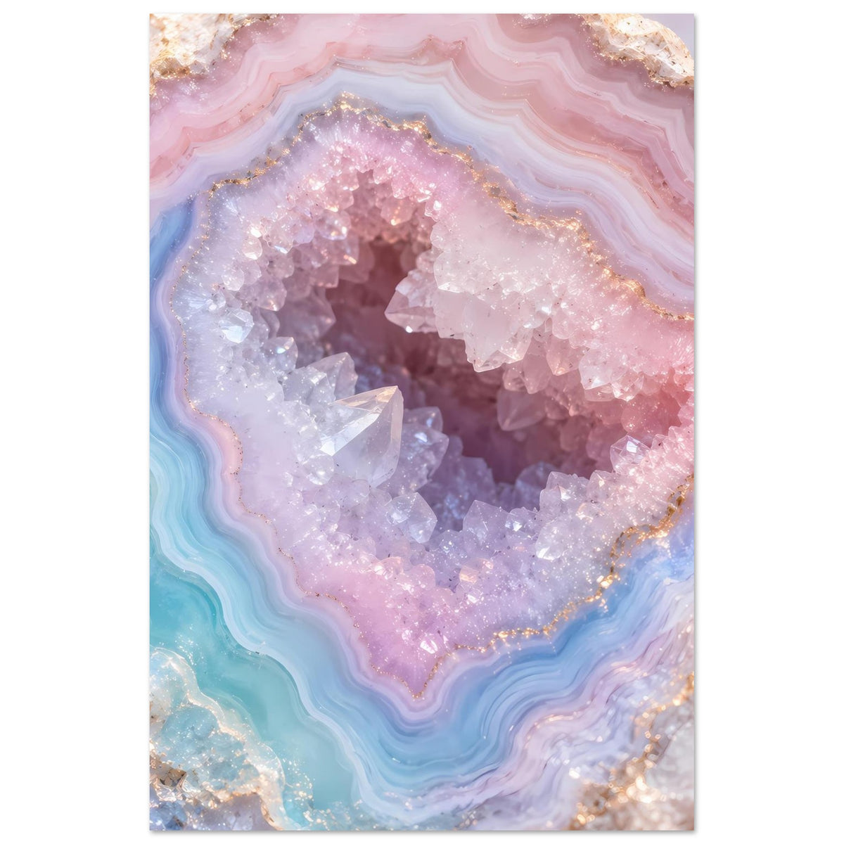 Hochkant-Poster mit abstrakter Geode: glitzernde Kristalle in Rosa, Lila und Türkisblau