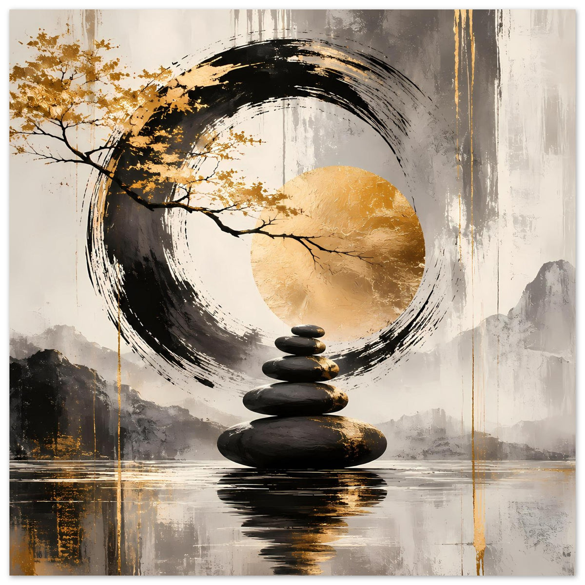 Zen-Artposter mit Kreisbild, Steinstapel, Baumzweigen und Goldtönen, mit Bergsilhouette rechts